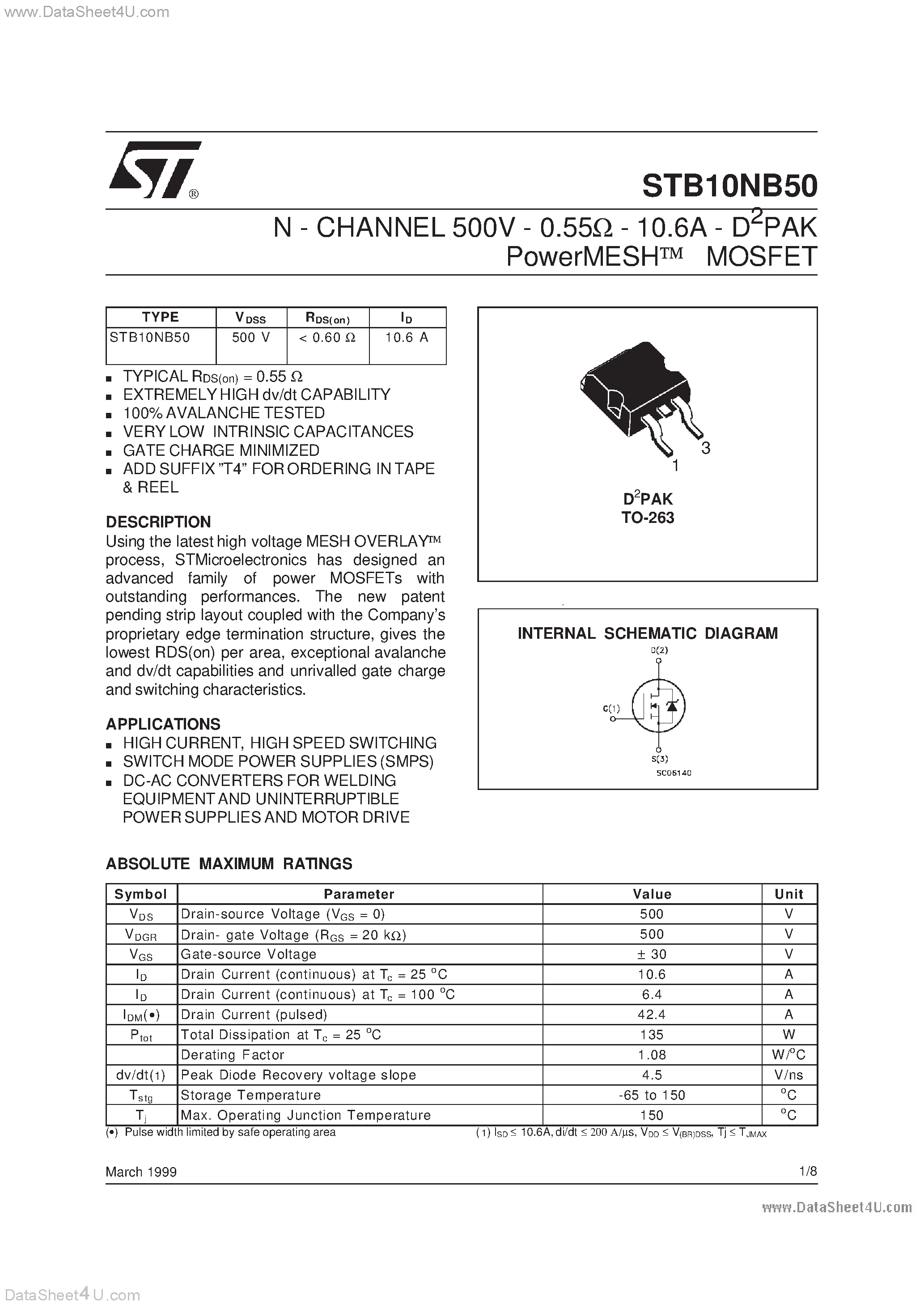 Datasheet STB10NB50 - N-CHANNEL POWER MOSFET page 1