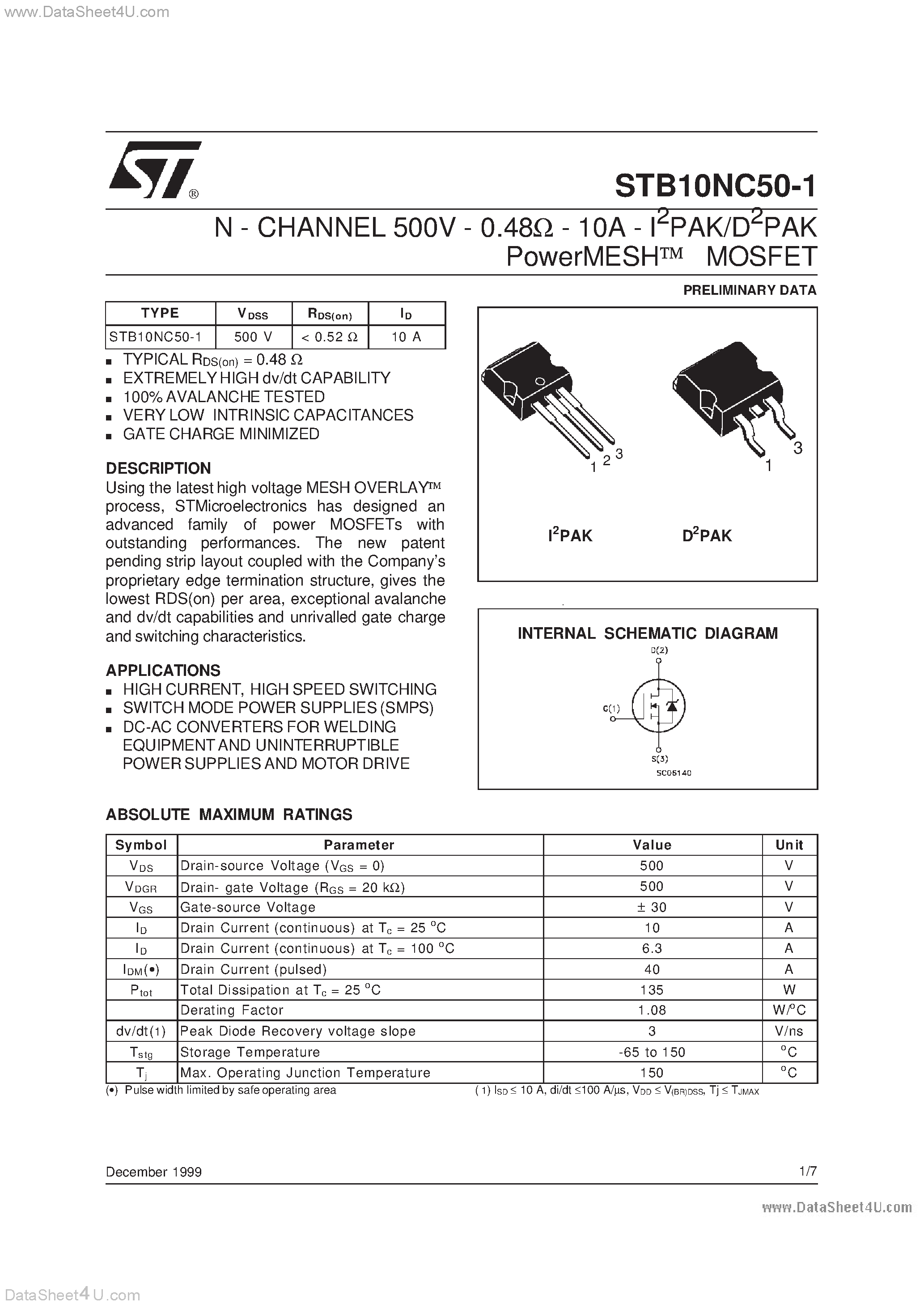 Datasheet STB10NC50-1 - N-CHANNEL POWER MOSFET page 1