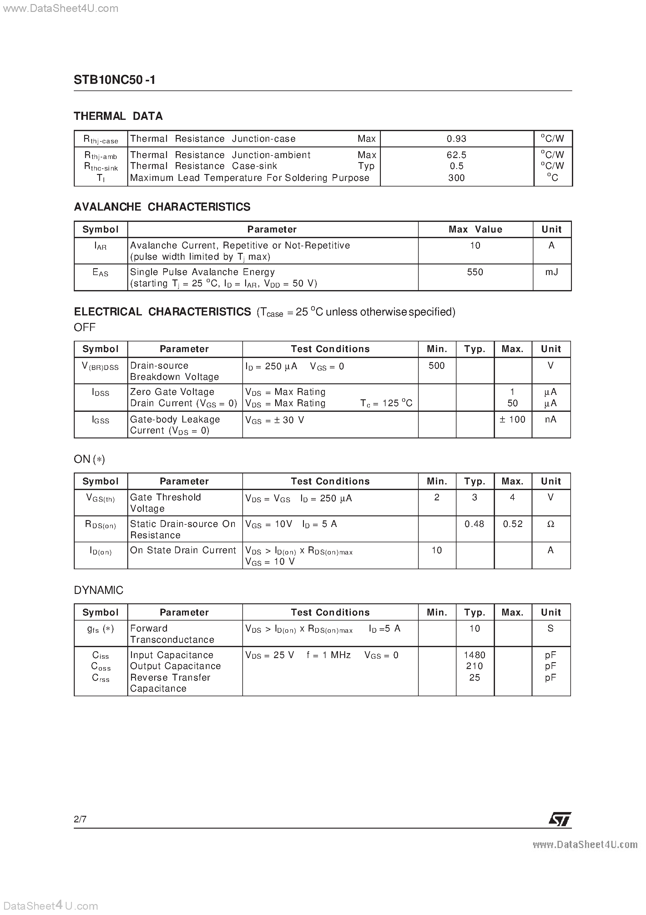 Datasheet STB10NC50-1 - N-CHANNEL POWER MOSFET page 2