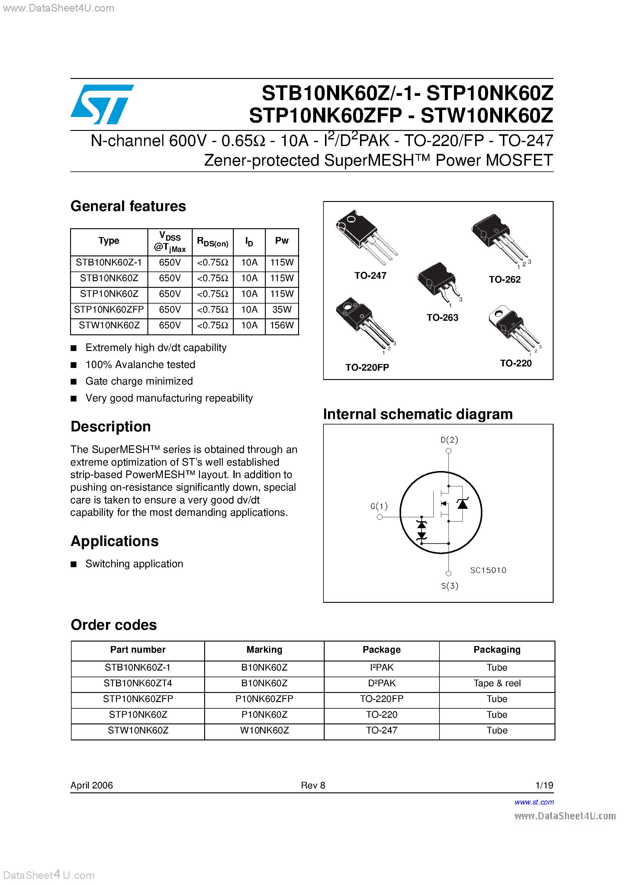 Datasheet STB10NK60Z - N-CHANNEL POWER MOSFET page 1