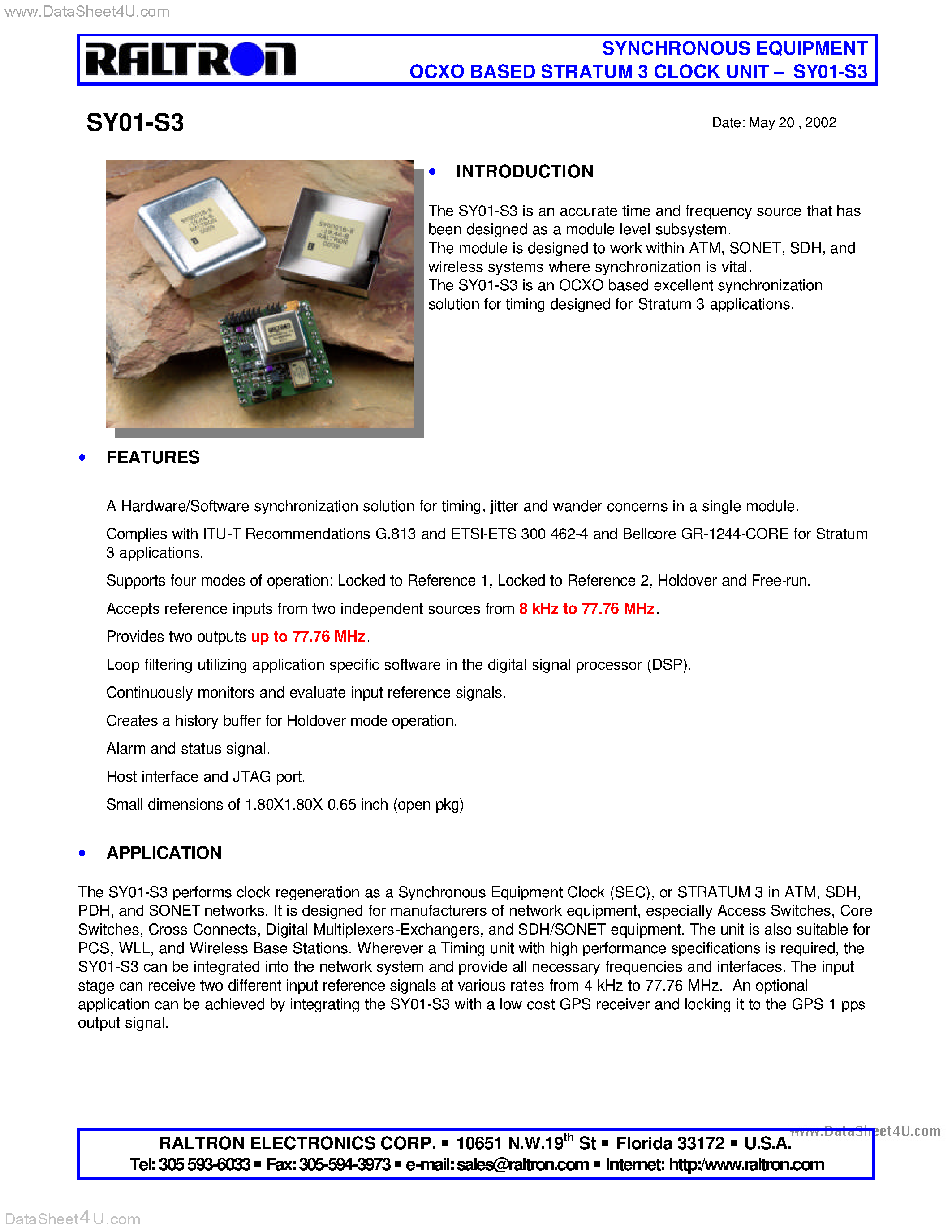 Datasheet SY01-S3 - SYNCHRONOUS EQUIPMENT OCXO BASED STRATUM 3 CLOCK UNIT page 1