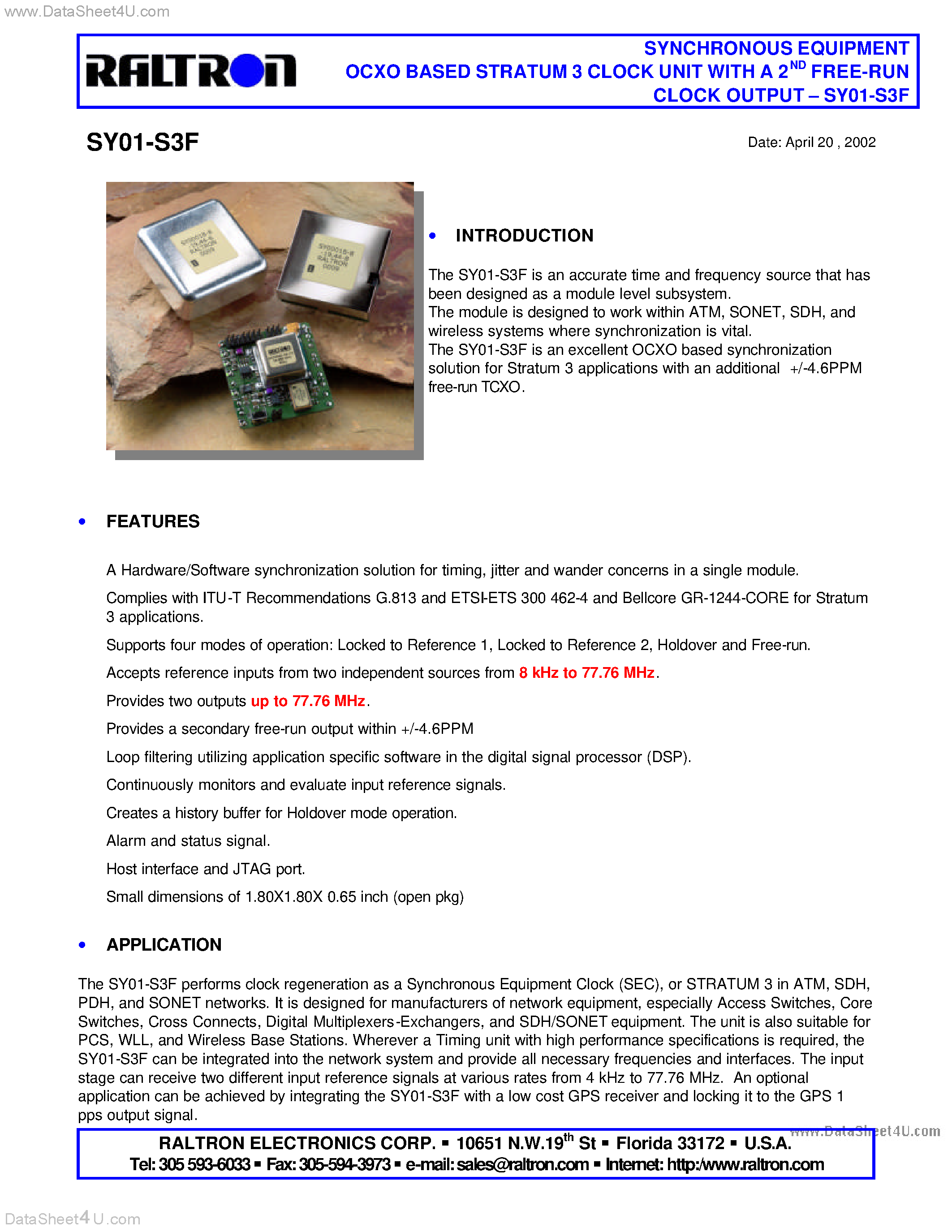 Datasheet SY01-S3F page 1 Datasheet SY01-S3F - SYNCHRONOUS EQUIPMENT OCXO BASED STRATUM 3 CLOCK UNIT page 1