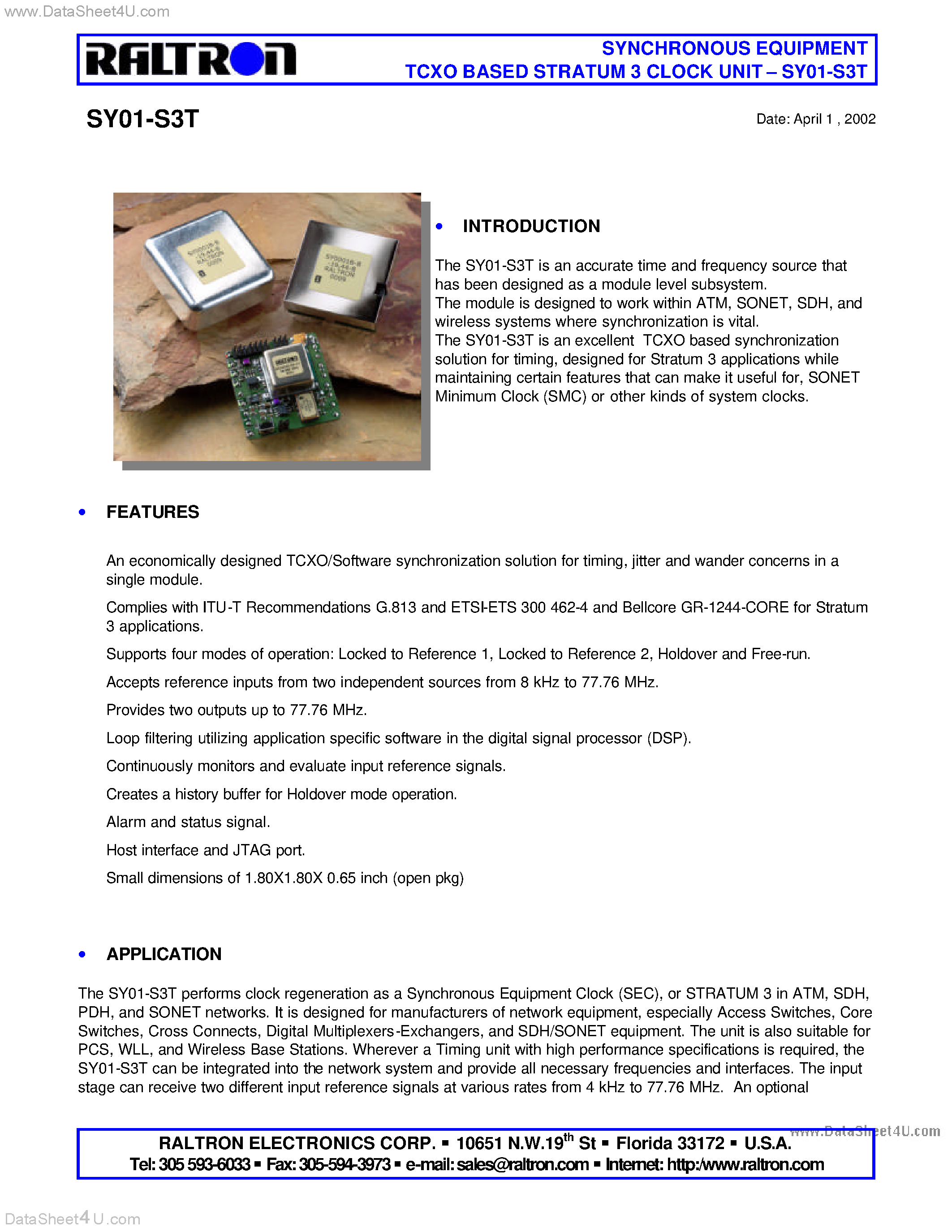 Datasheet SY01-S3T - SYNCHRONOUS EQUIPMENT TCXO BASED STRATUM 3 CLOCK UNIT page 1