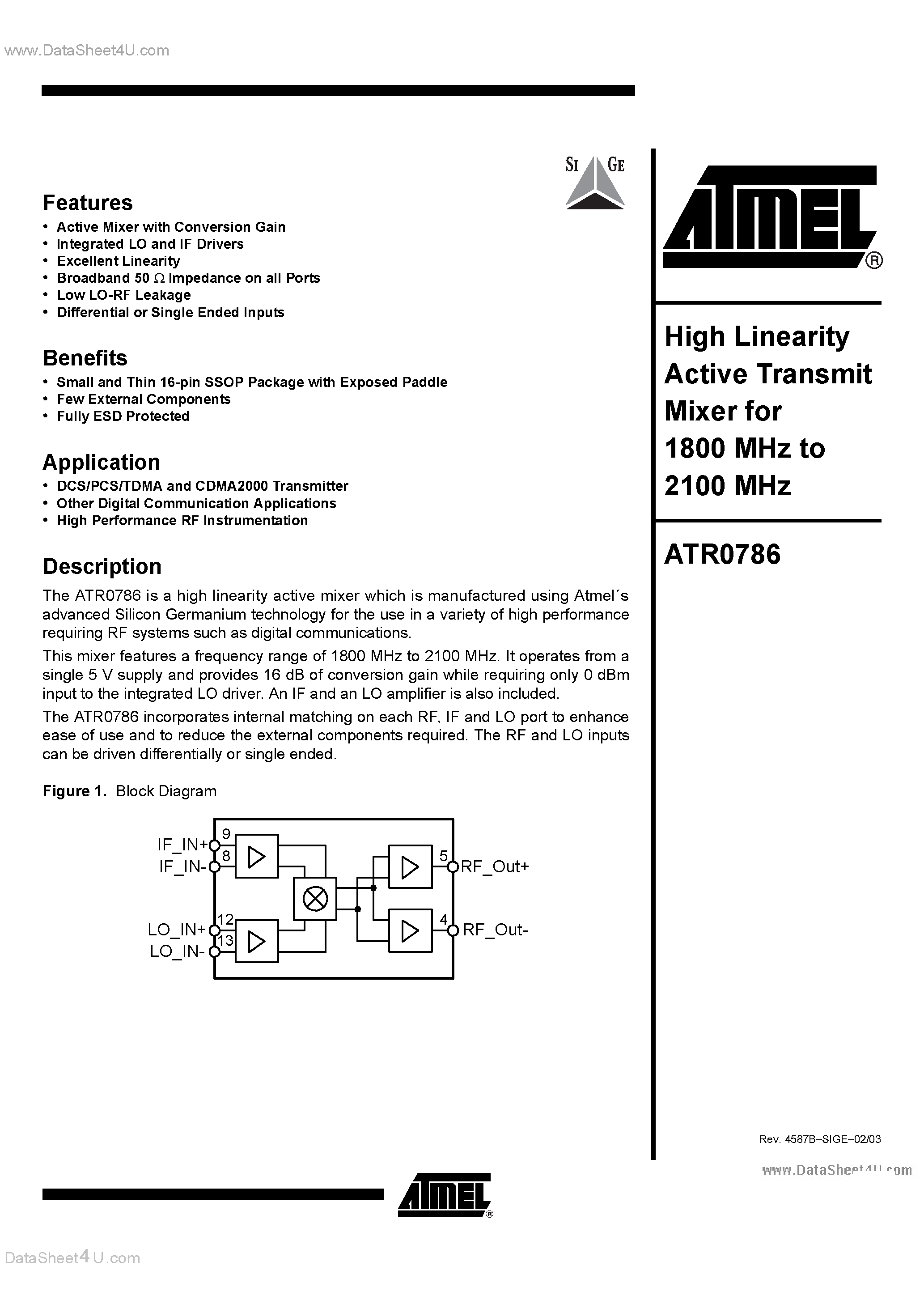 Даташит ATR0786 - High Linearity Active Transmit Mixer for 1800 MHz to 2100 MHz страница 1