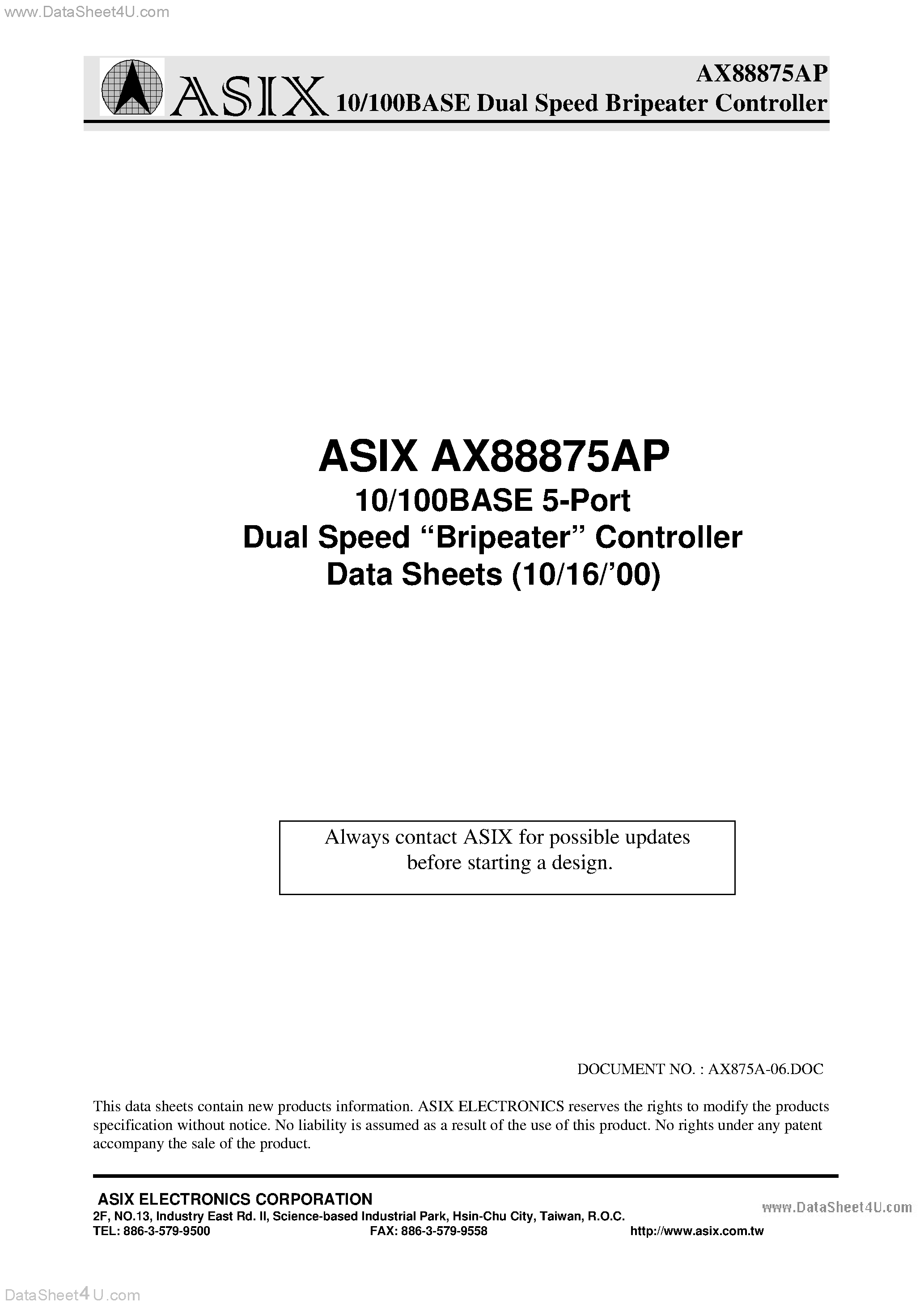 Datasheet AX88875AP - 10/100BASE 5-Port Dual Speed Bripeater Controller page 1