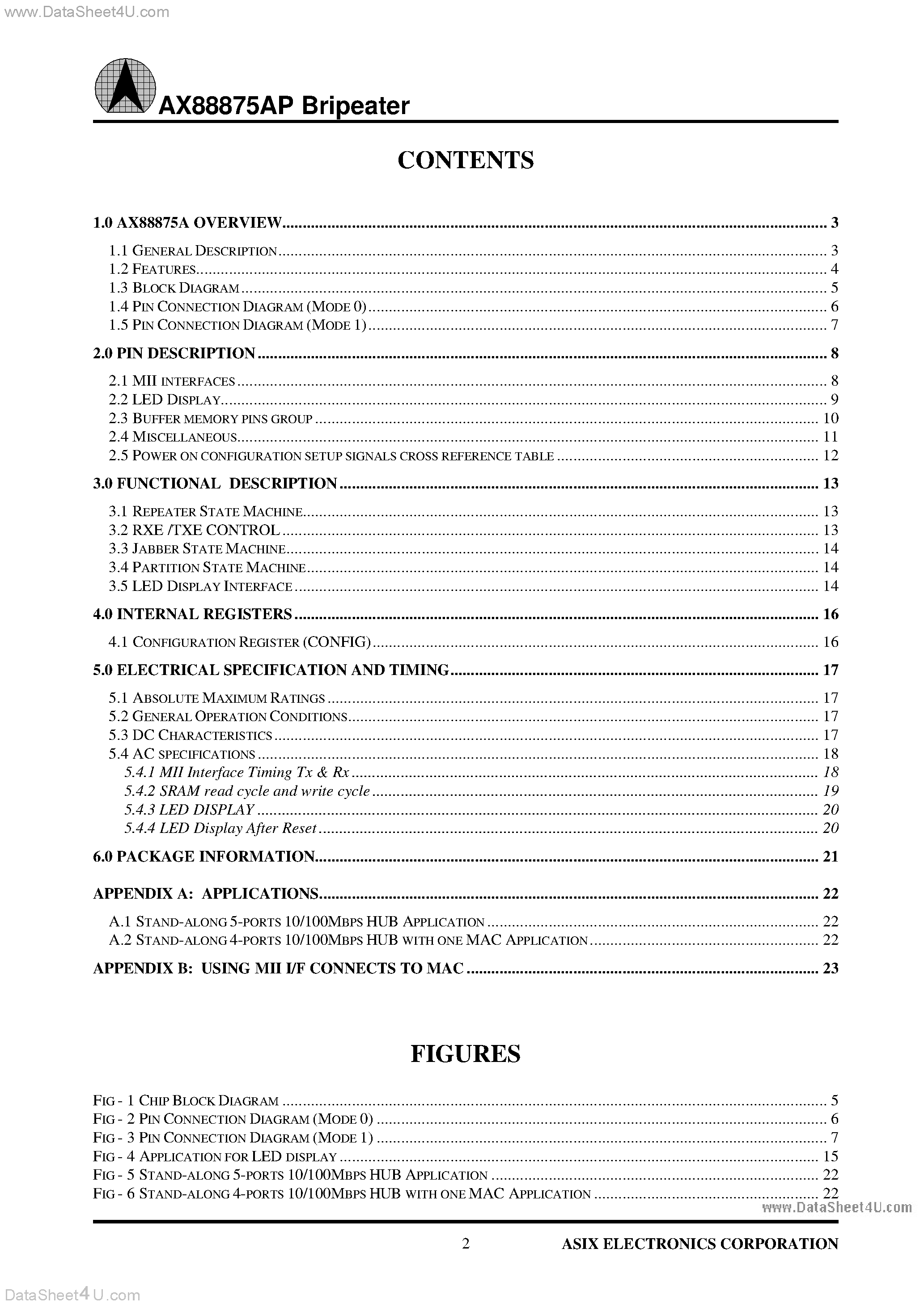 Datasheet AX88875AP - 10/100BASE 5-Port Dual Speed Bripeater Controller page 2