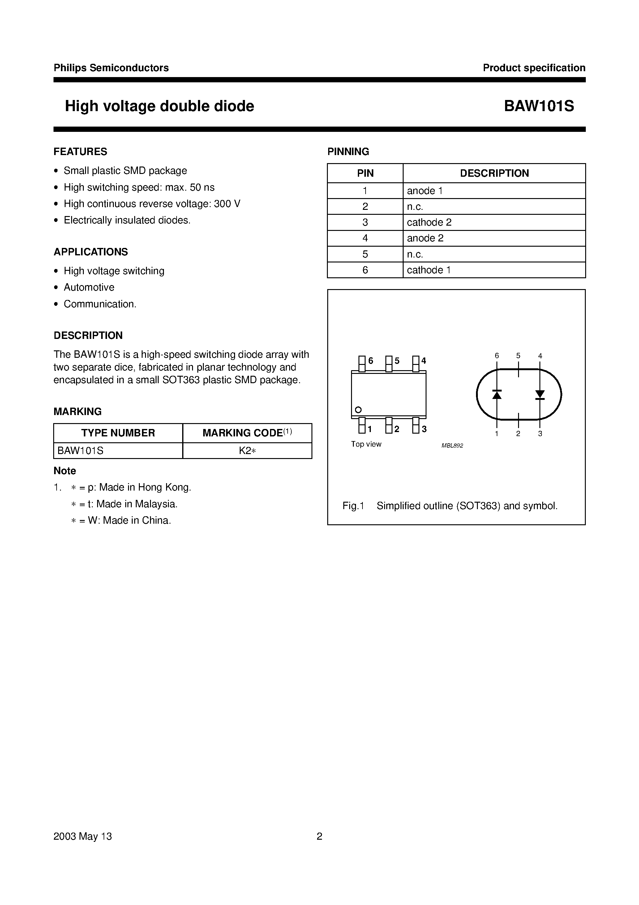 Datasheet BAW101S - High voltage double diode page 2