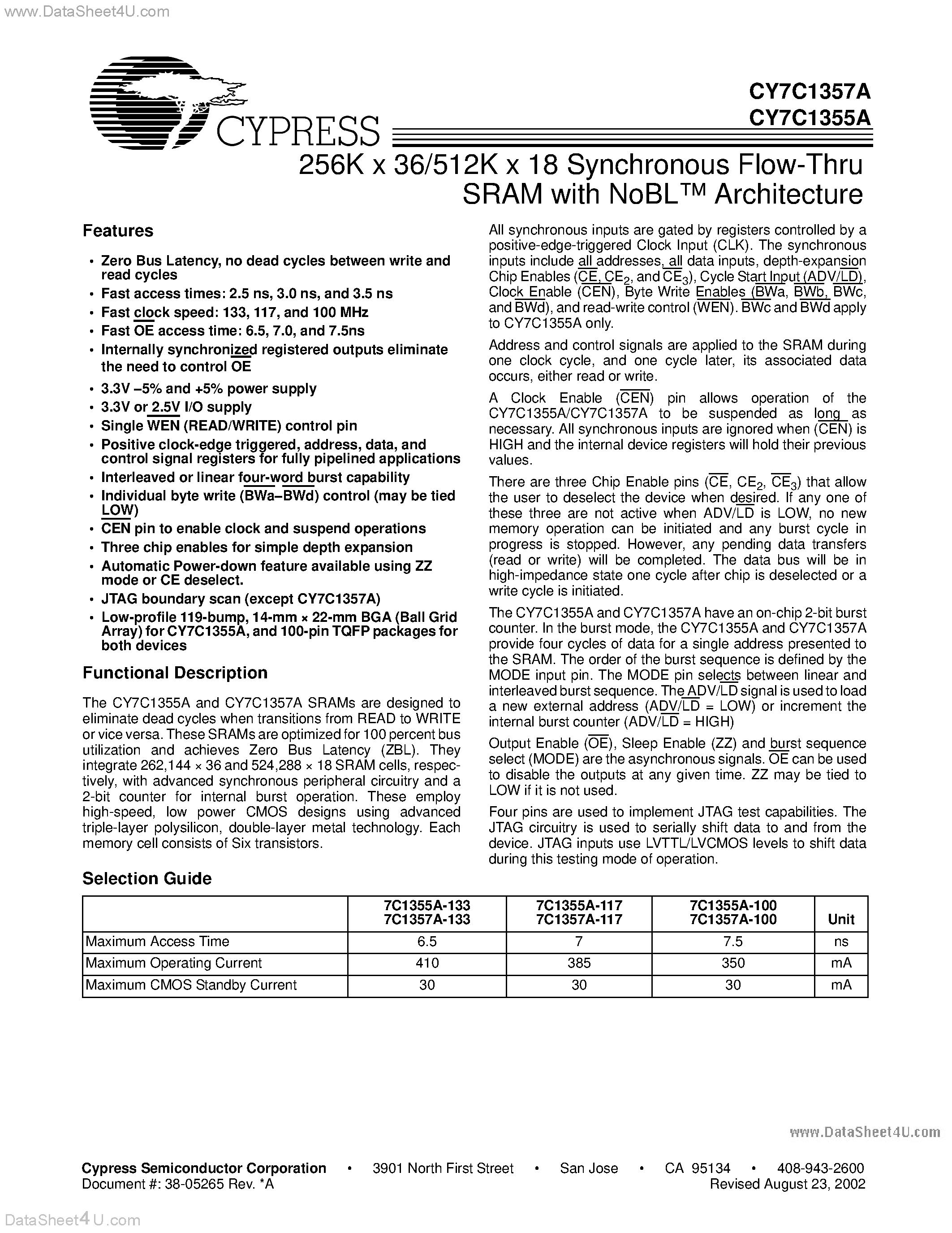 Datasheet CY7C1355A - (CY7C1355A / CY7C1357A) 256K x 36/512K x 18 Synchronous Flow-Thru SRAM page 1