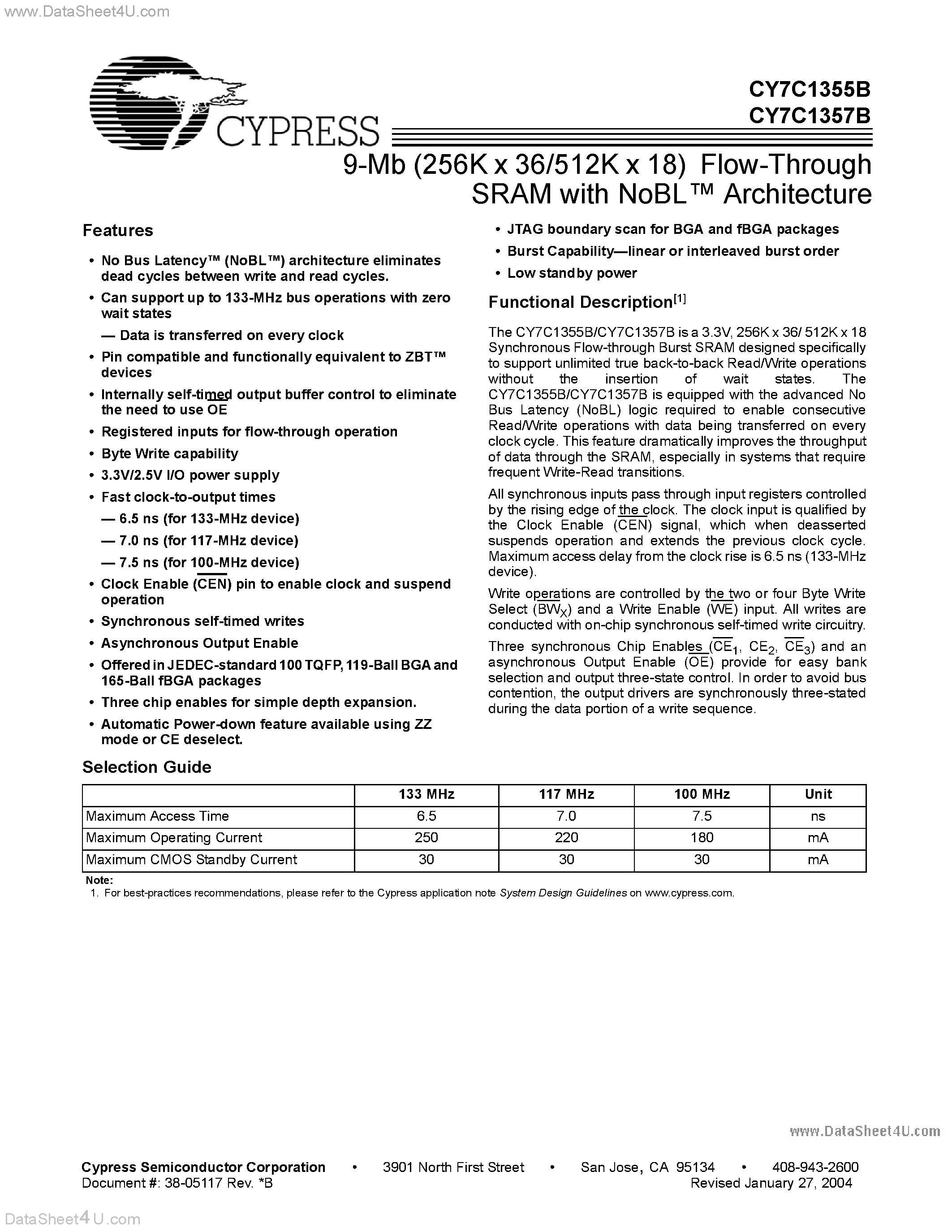 Даташит CY7C1355B - (CY7C1355B / CY7C1357B) 9-Mb (256K x 36/512K x 18) Flow-Through SRAM страница 1