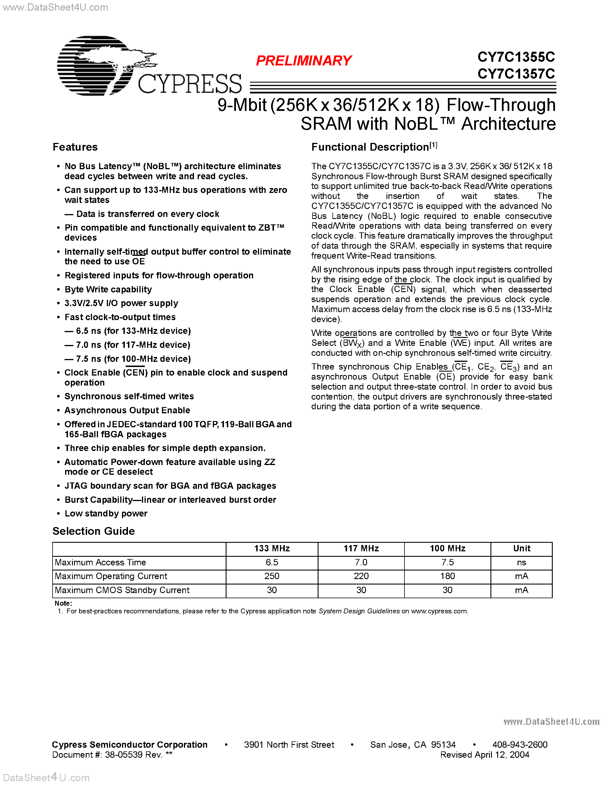 Даташит CY7C1355C - (CY7C1355C / CY7C1357C) 9-Mbit (256K x 36/512K x 18) Flow-Through SRAM страница 1