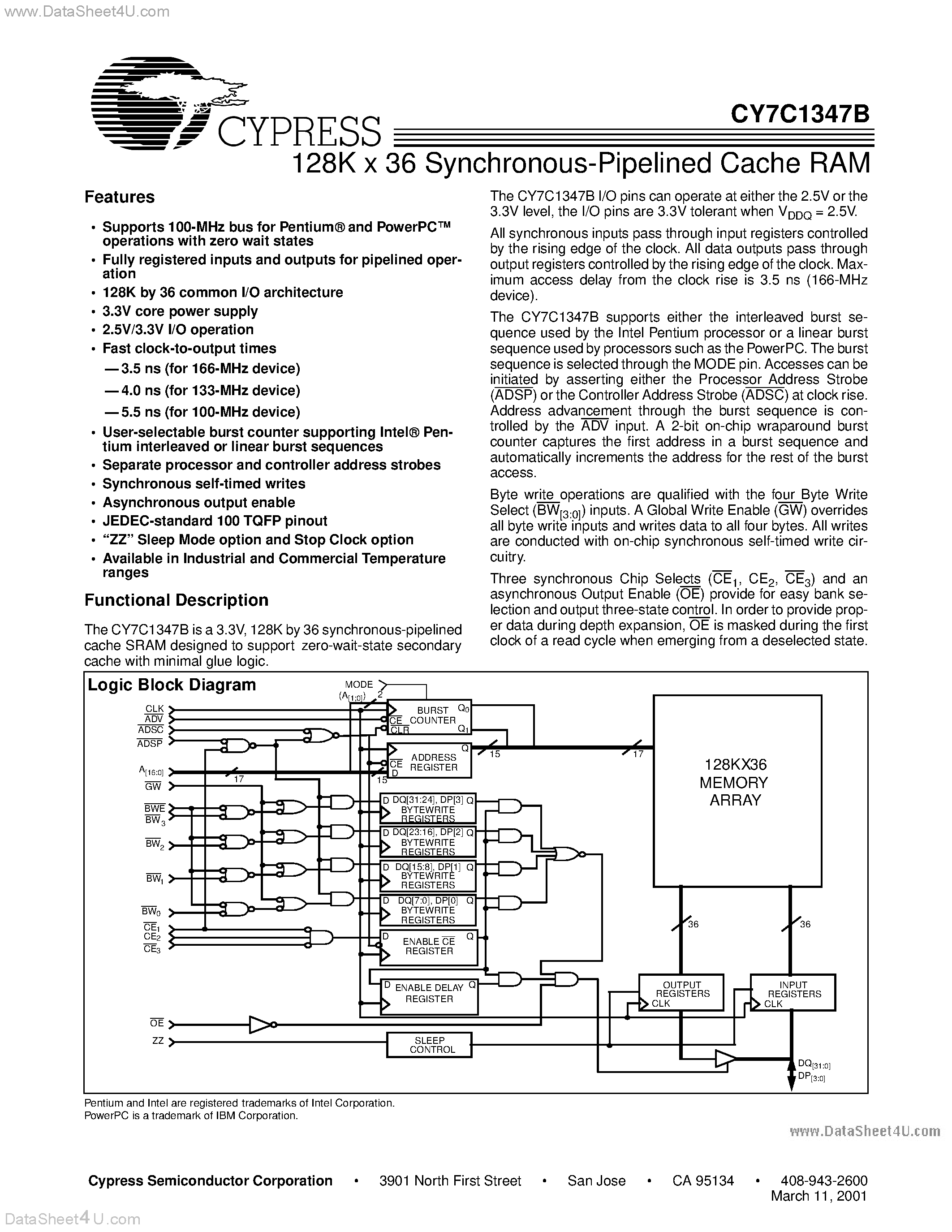 Даташит CY7C1347B - 128K x 36 Synchronous-Pipelined Cache RAM страница 1