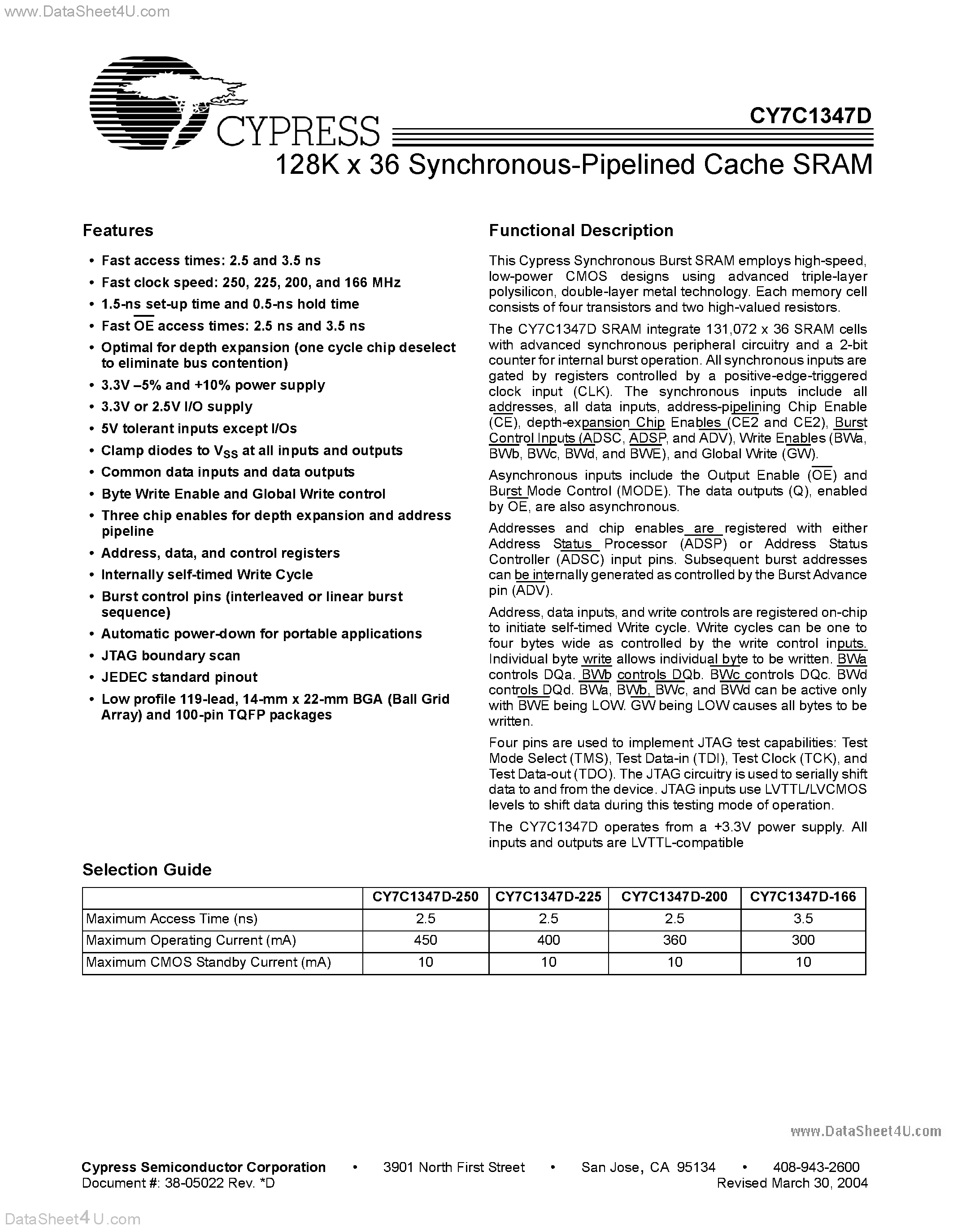 Даташит CY7C1347D - 128K x 36 Synchronous-Pipelined Cache SRAM страница 1