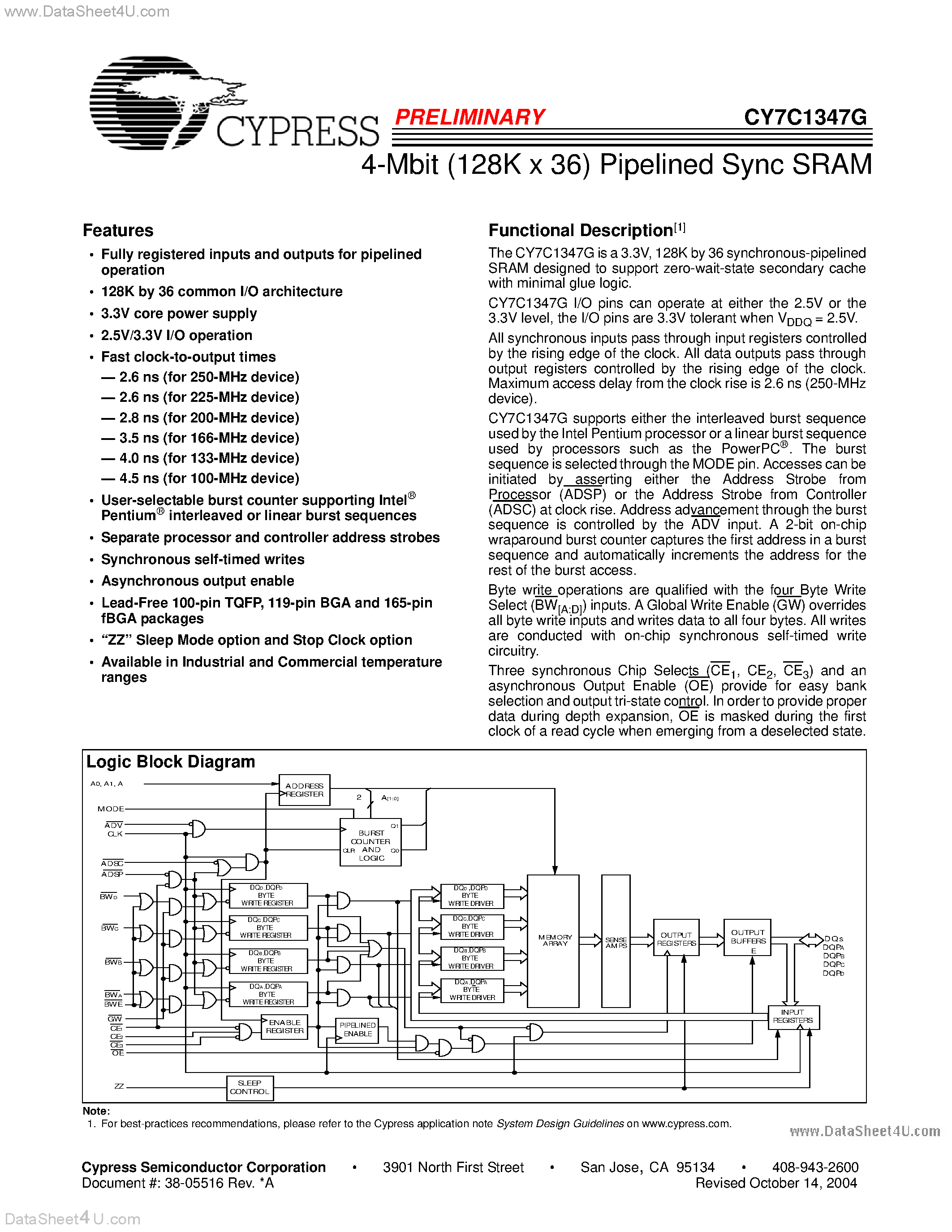 Datasheet CY7C1347G page 1 Datasheet CY7C1347G - 4-Mbit (128K x 36) Pipelined Sync SRAM page 1