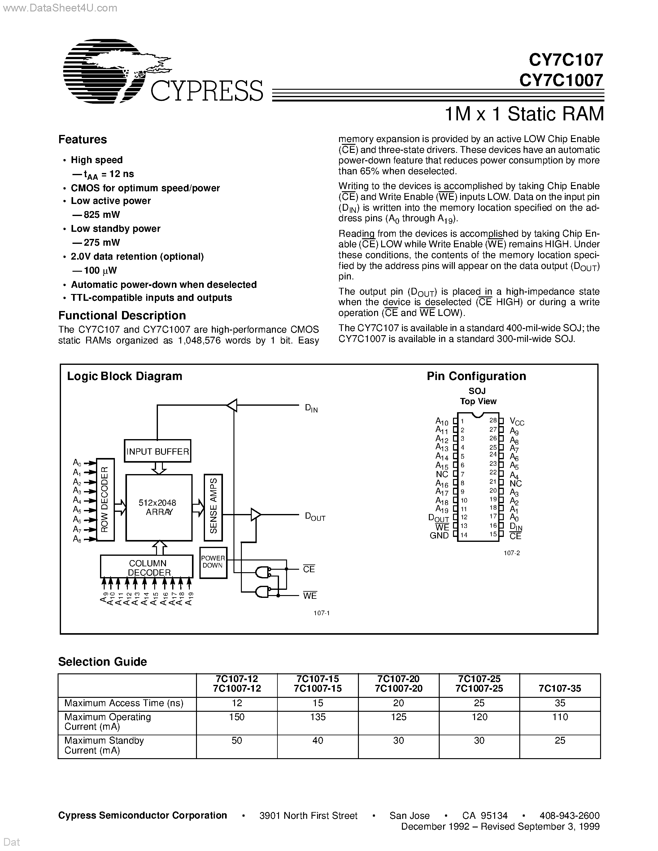 Даташит на микросхему CY7C1007 страница 1 Даташит CY7C1007 - (CY7C107 / CY7C1007) 1M x 1 Static RAM страница 1