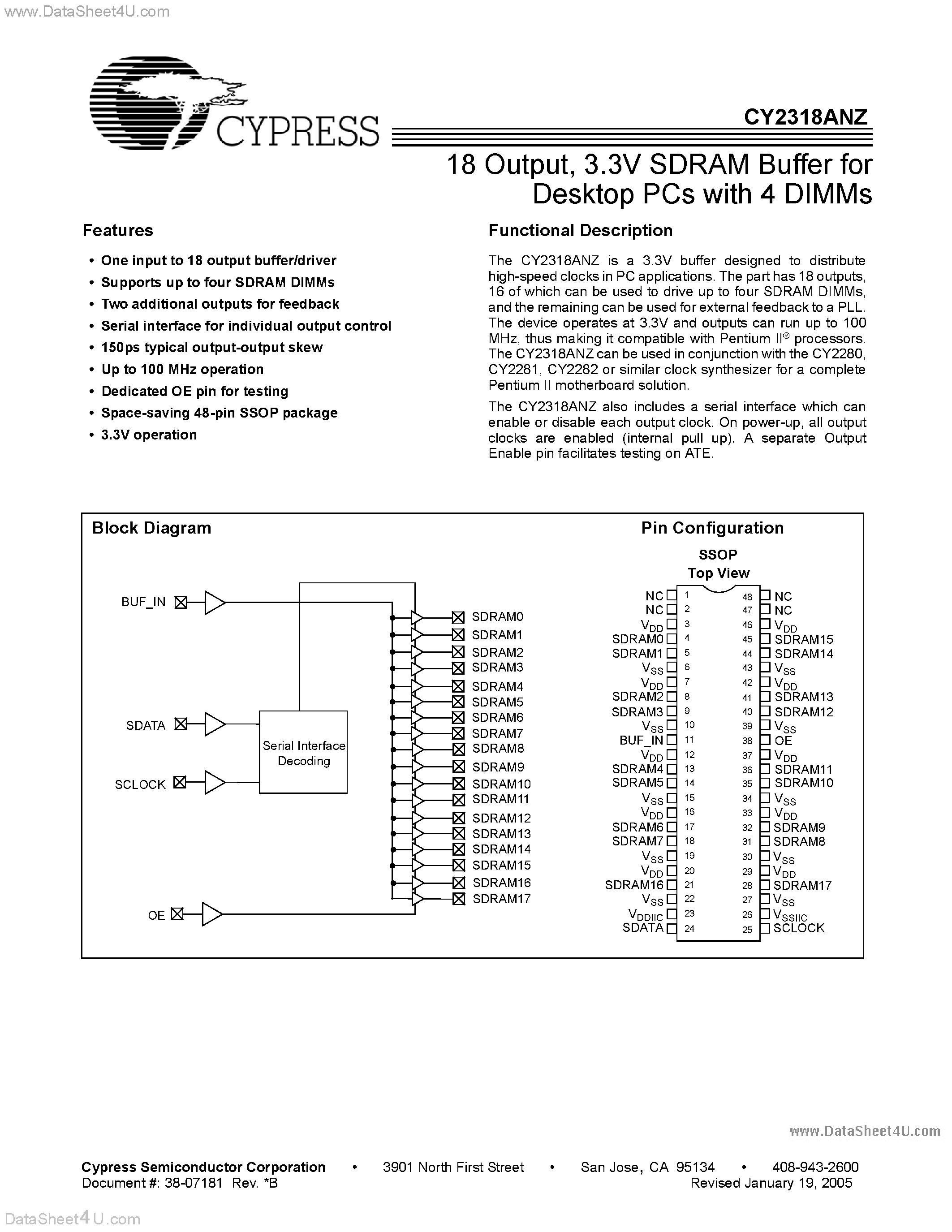 Datasheet CY2318ANZ page 1 Datasheet CY2318ANZ - 3.3V SDRAM Buffer for Desktop PCs with 4 DIMMs page 1