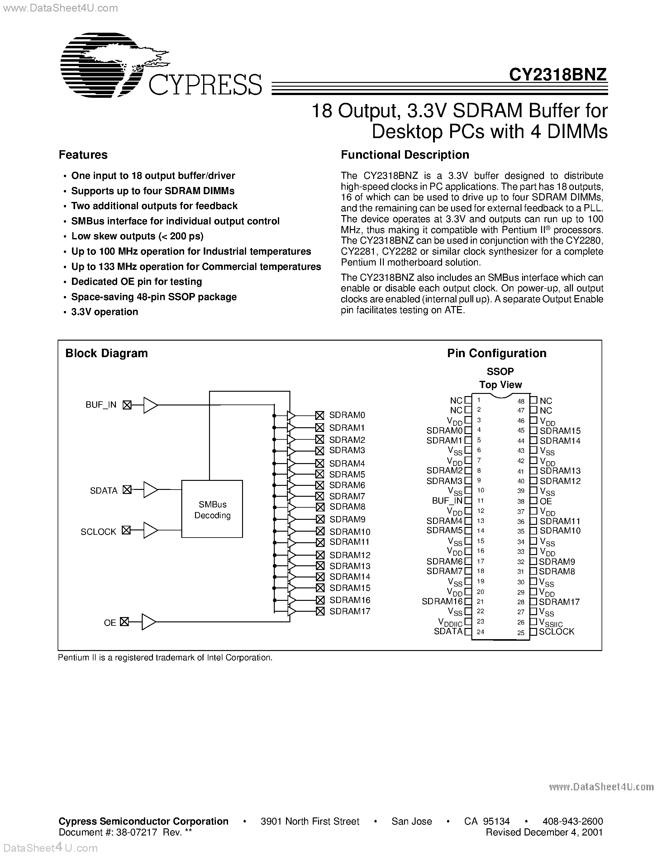 Datasheet CY2318BNZ page 1 Datasheet CY2318BNZ - 3.3V SDRAM Buffer for Desktop PCs with 4 DIMMs page 1