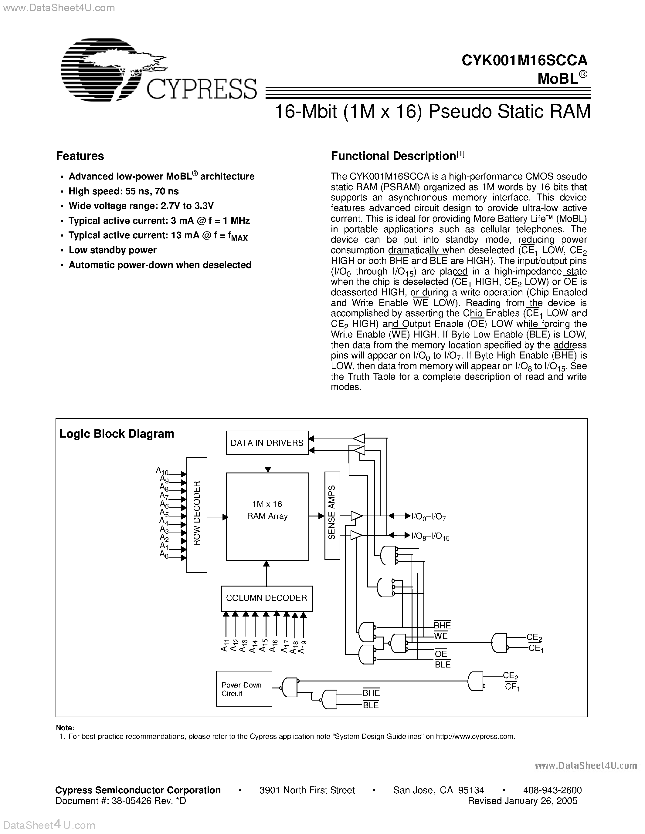 Даташит CYK001M16SCCA - 16-Mbit (1M x 16) Pseudo Static RAM страница 1