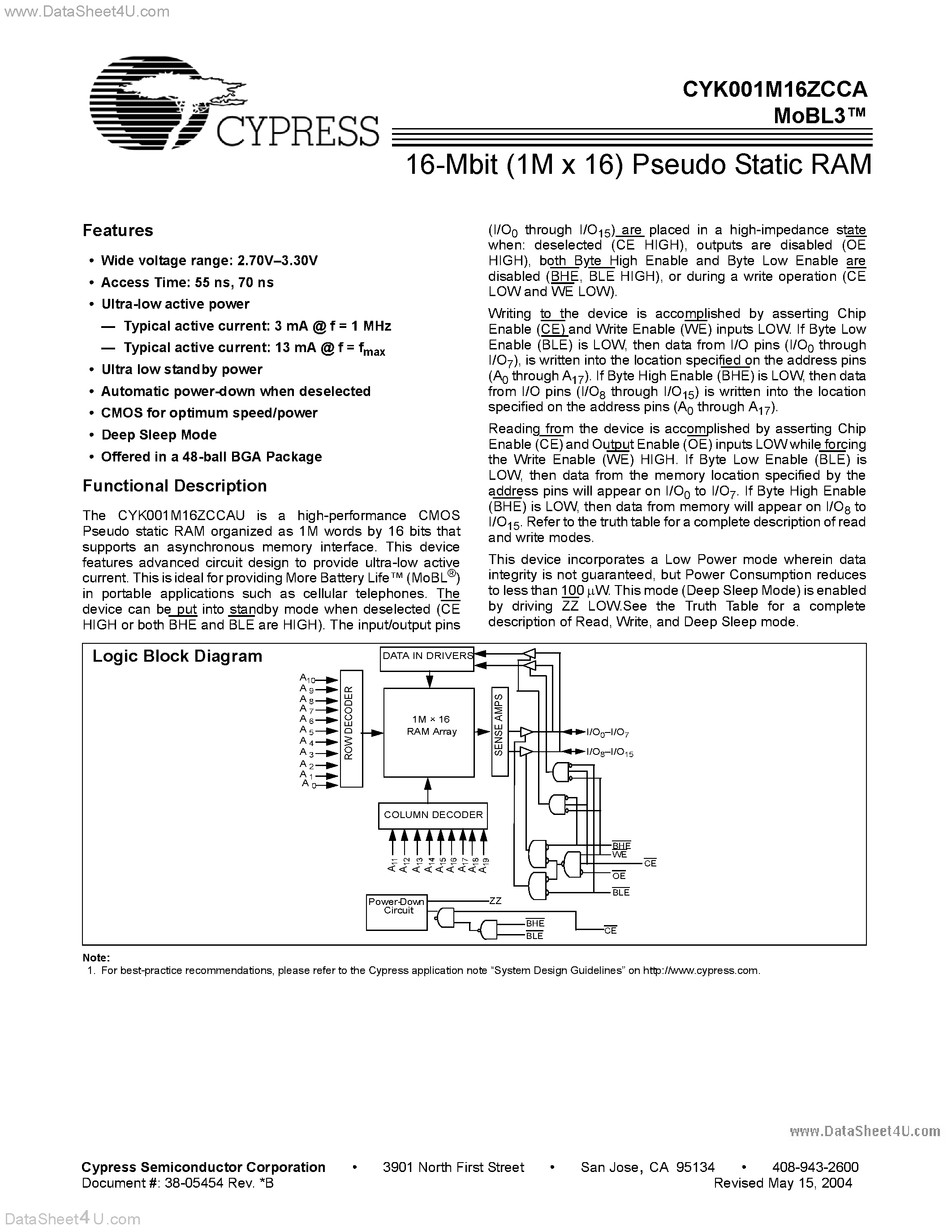 Даташит CYK001M16ZCCA - 16-Mbit (1M x 16) Pseudo Static RAM страница 1