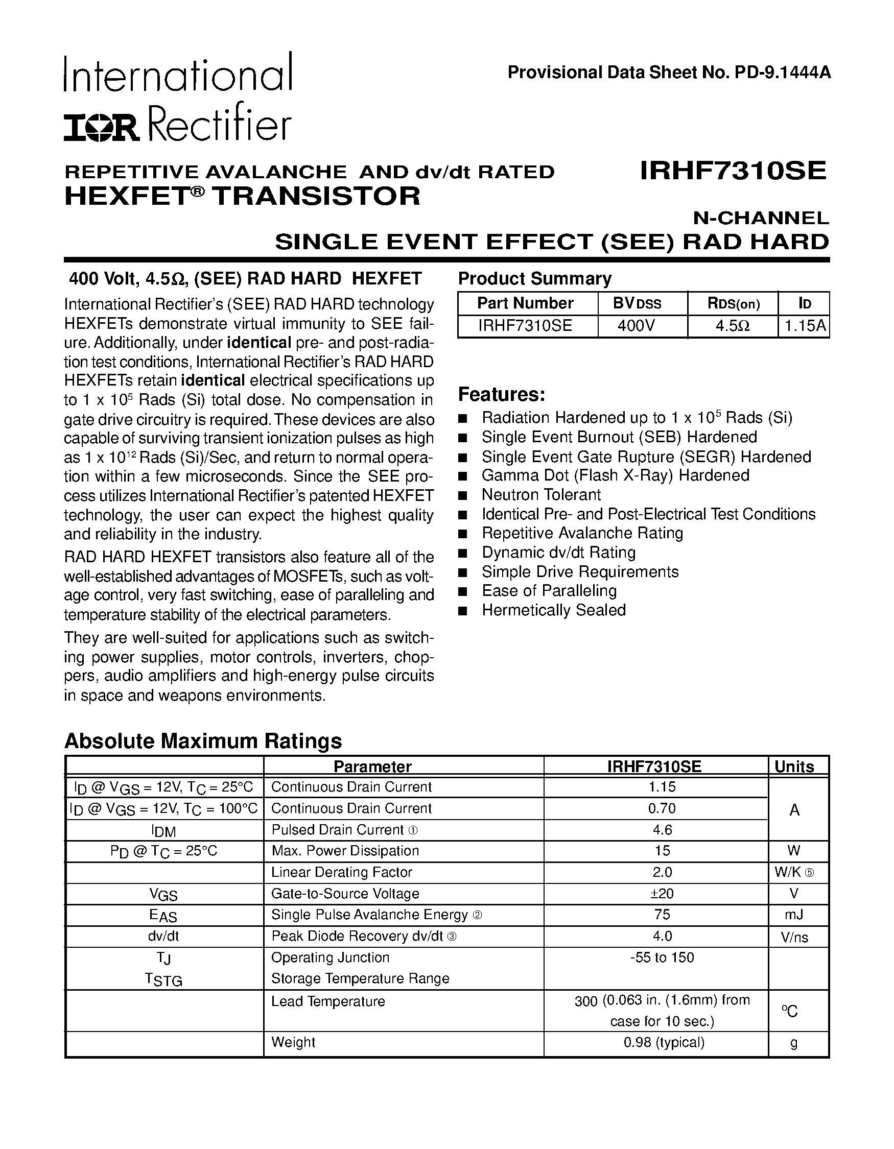 Datasheet IRHF7310SE - TRANSISTOR N-CHANNEL page 1