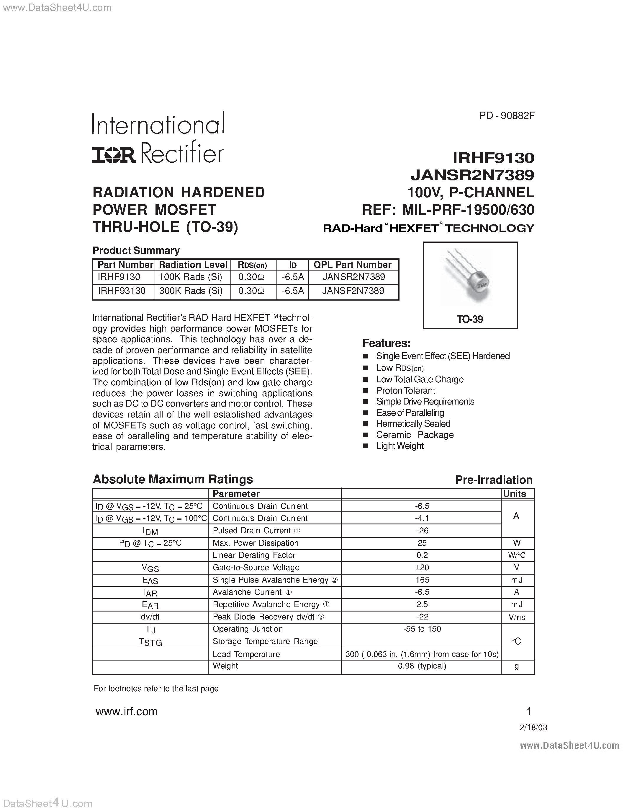 Datasheet IRHF93130 page 1 Datasheet IRHF93130 - TRANSISTOR P-CHANNEL page 1