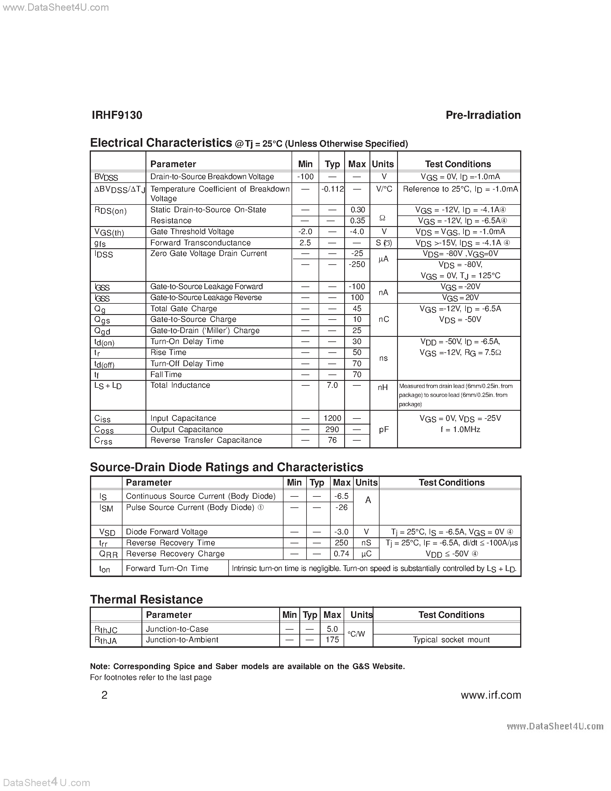 Datasheet IRHF93130 page 2 Datasheet IRHF93130 - TRANSISTOR P-CHANNEL page 2