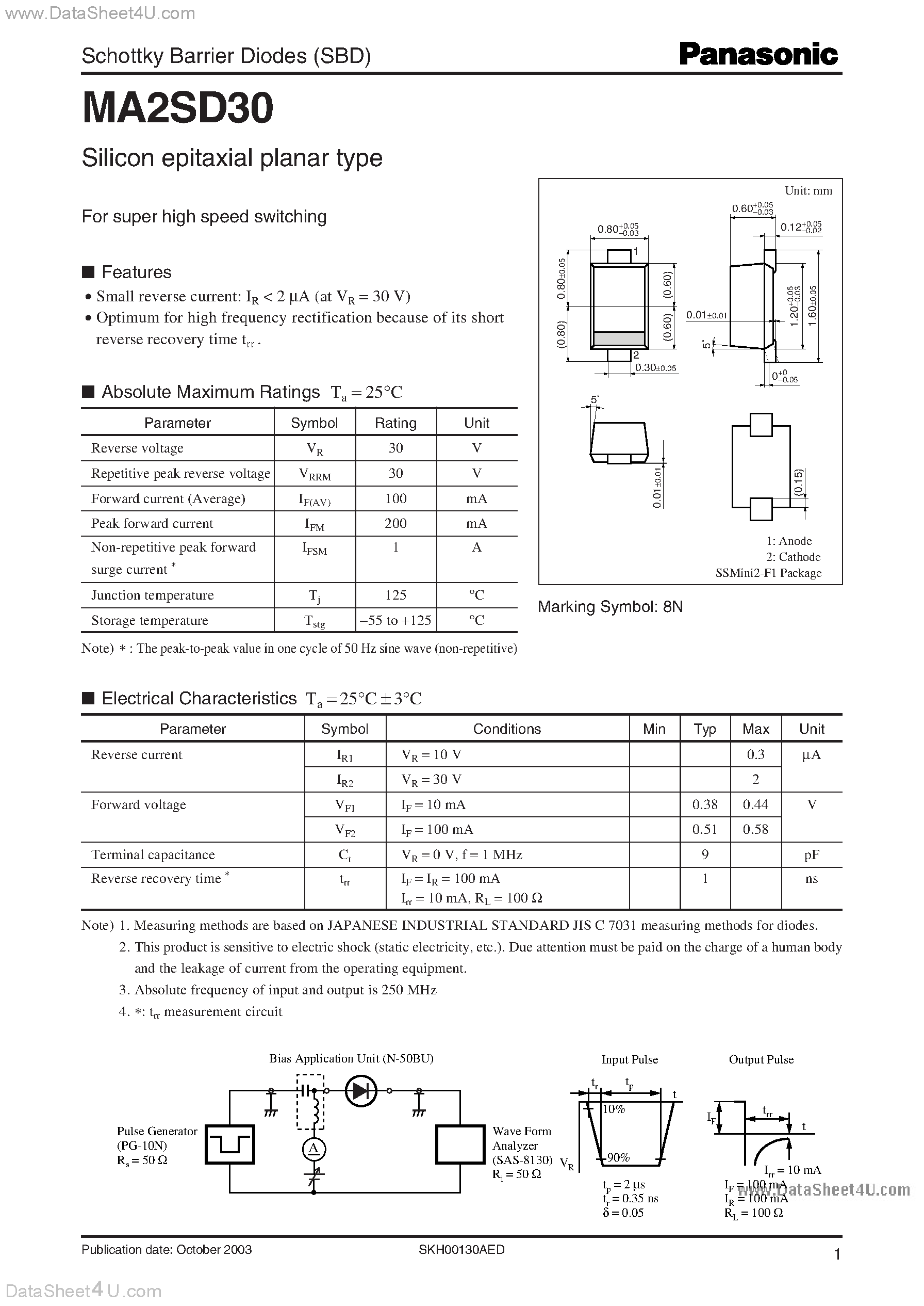 Даташит на микросхему MA2SD30 страница 1 Даташит MA2SD30 - Schottky Barrier Diodes Silicon epitaxial planar type страница 1