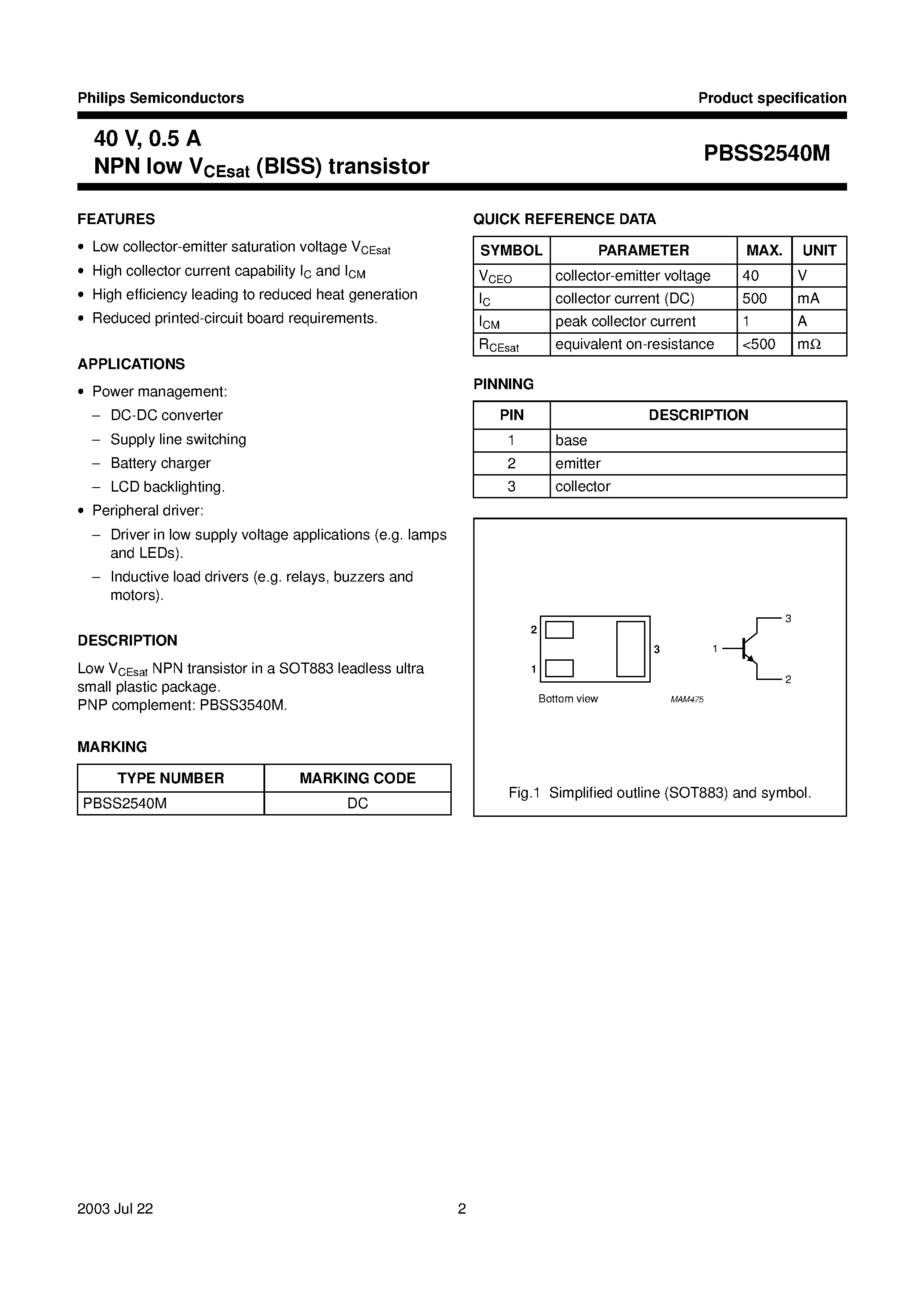 Datasheet PBSS2540M - 0.5 A NPN low VCEsat (BISS) transistor page 2