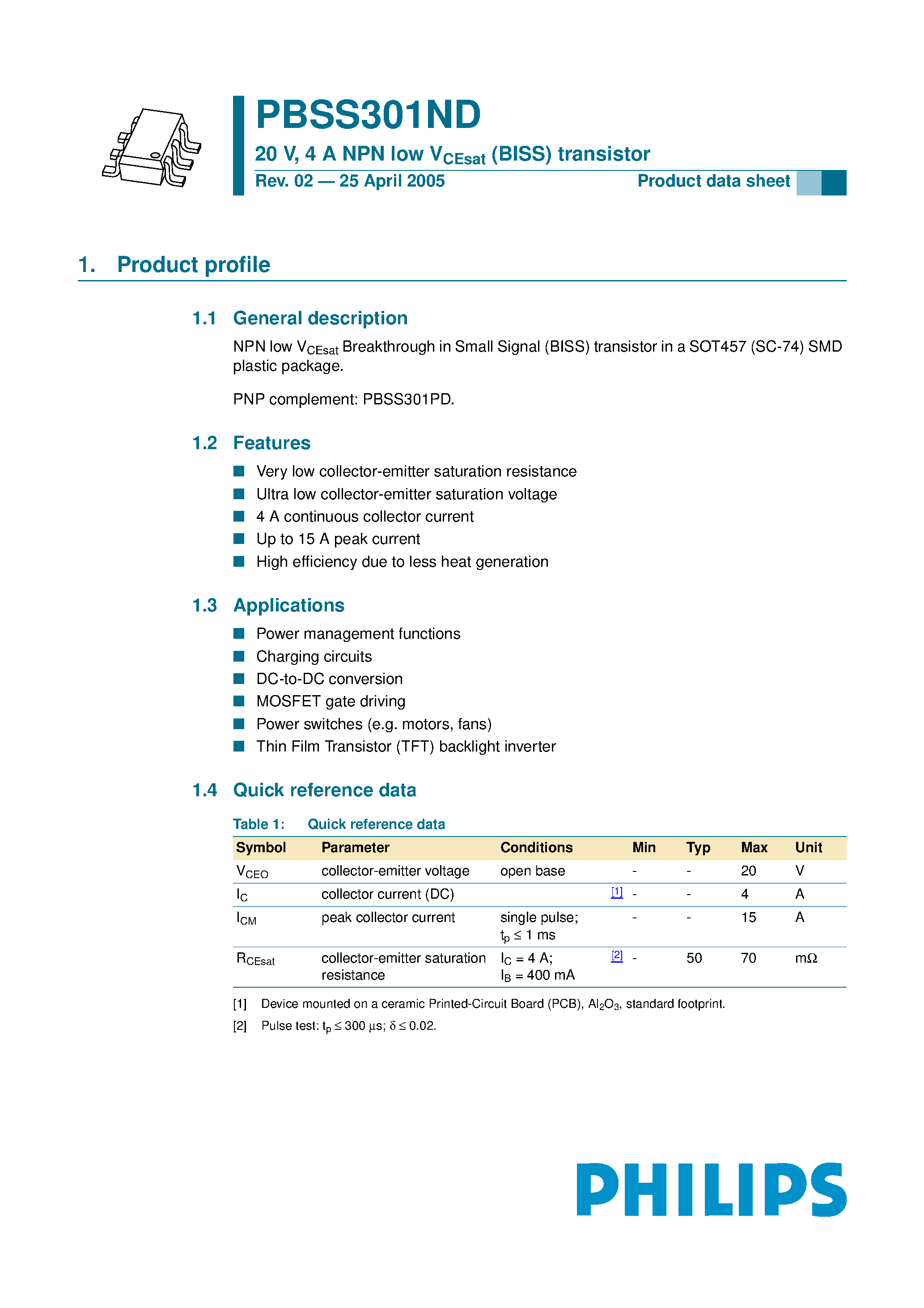 Даташит PBSS301ND - 4 A NPN low VCEsat (BISS) transistor страница 1