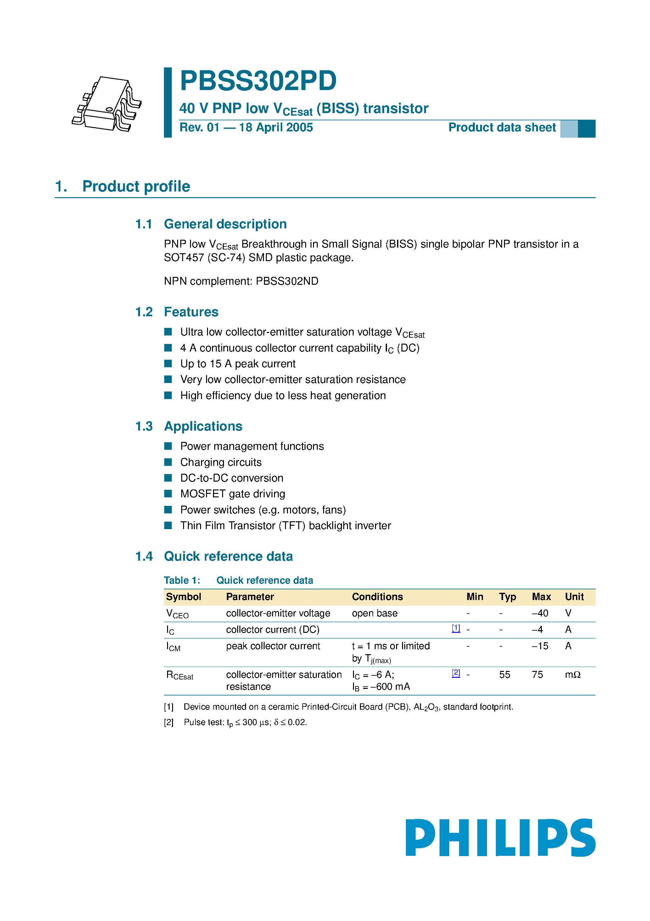 Даташит PBSS302PD - 40 V PNP low VCEsat (BISS) transistor страница 1