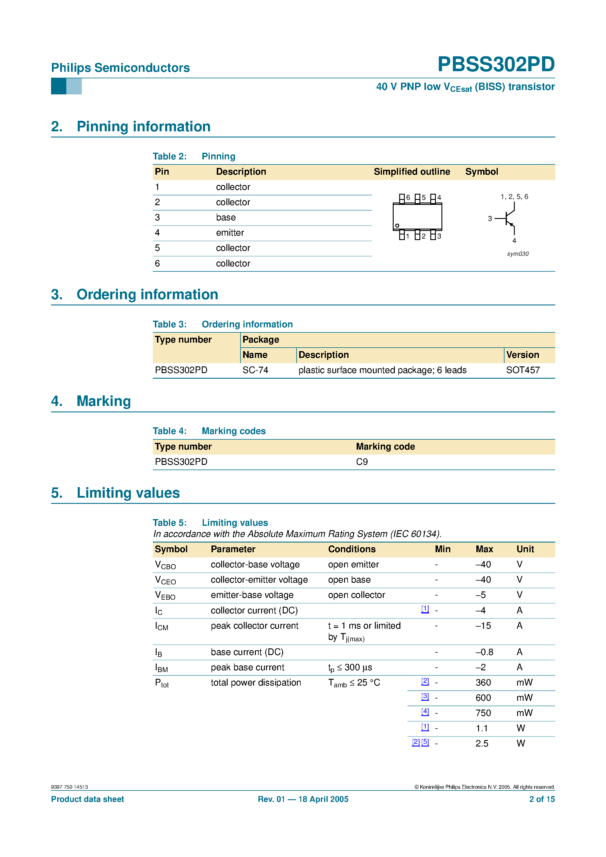 Даташит PBSS302PD - 40 V PNP low VCEsat (BISS) transistor страница 2