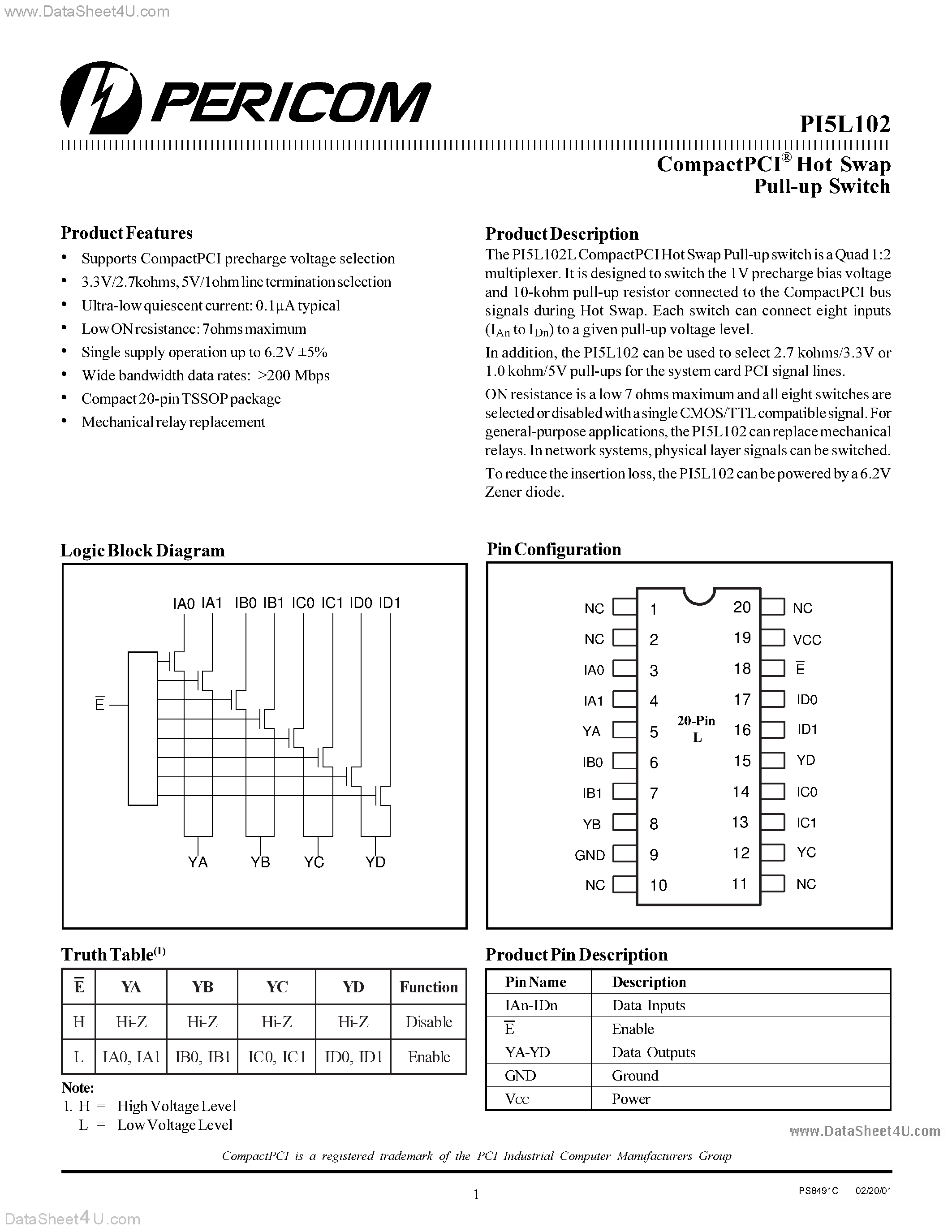 Datasheet PI5L102 - CompactPCI Hot Swap Pull-up Switch page 1