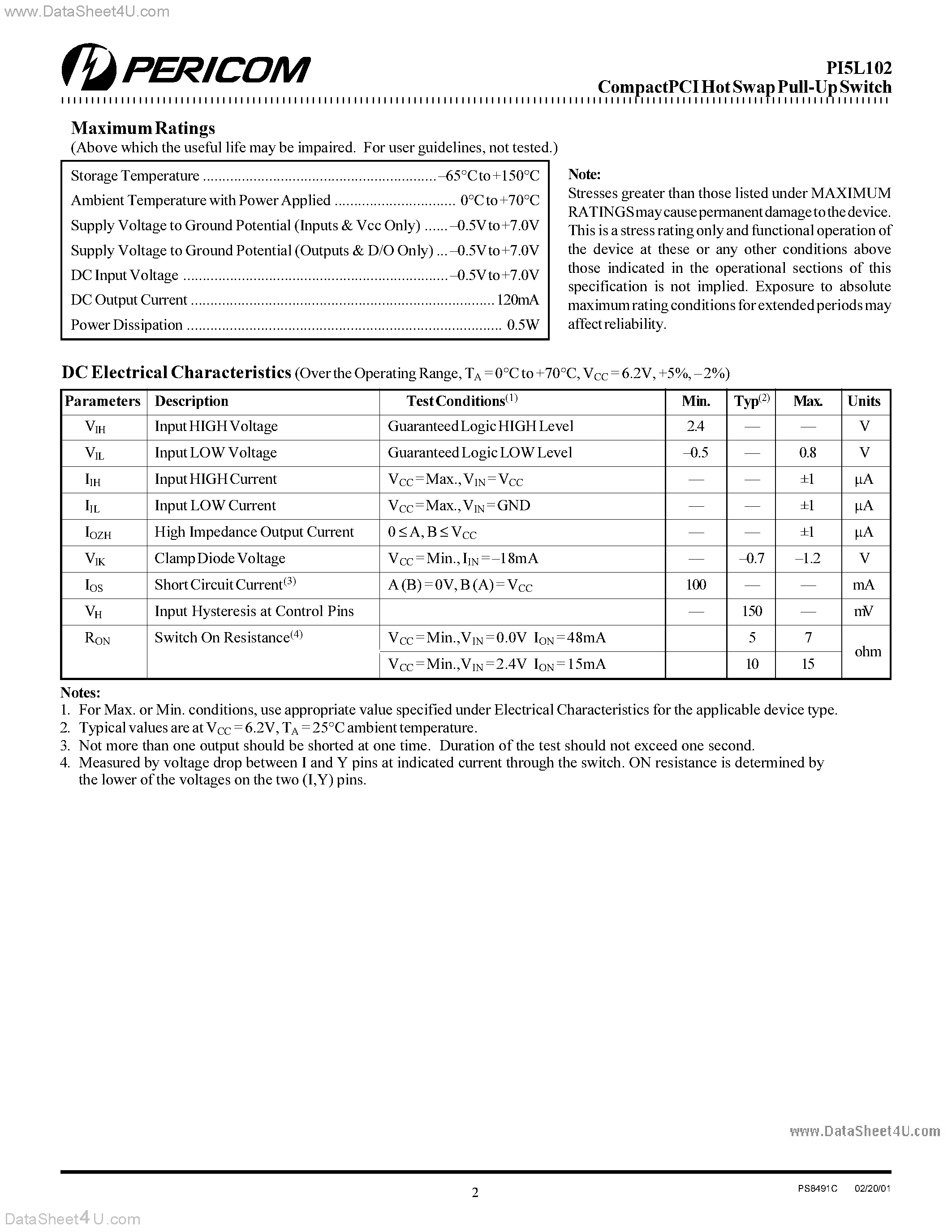 Datasheet PI5L102 - CompactPCI Hot Swap Pull-up Switch page 2