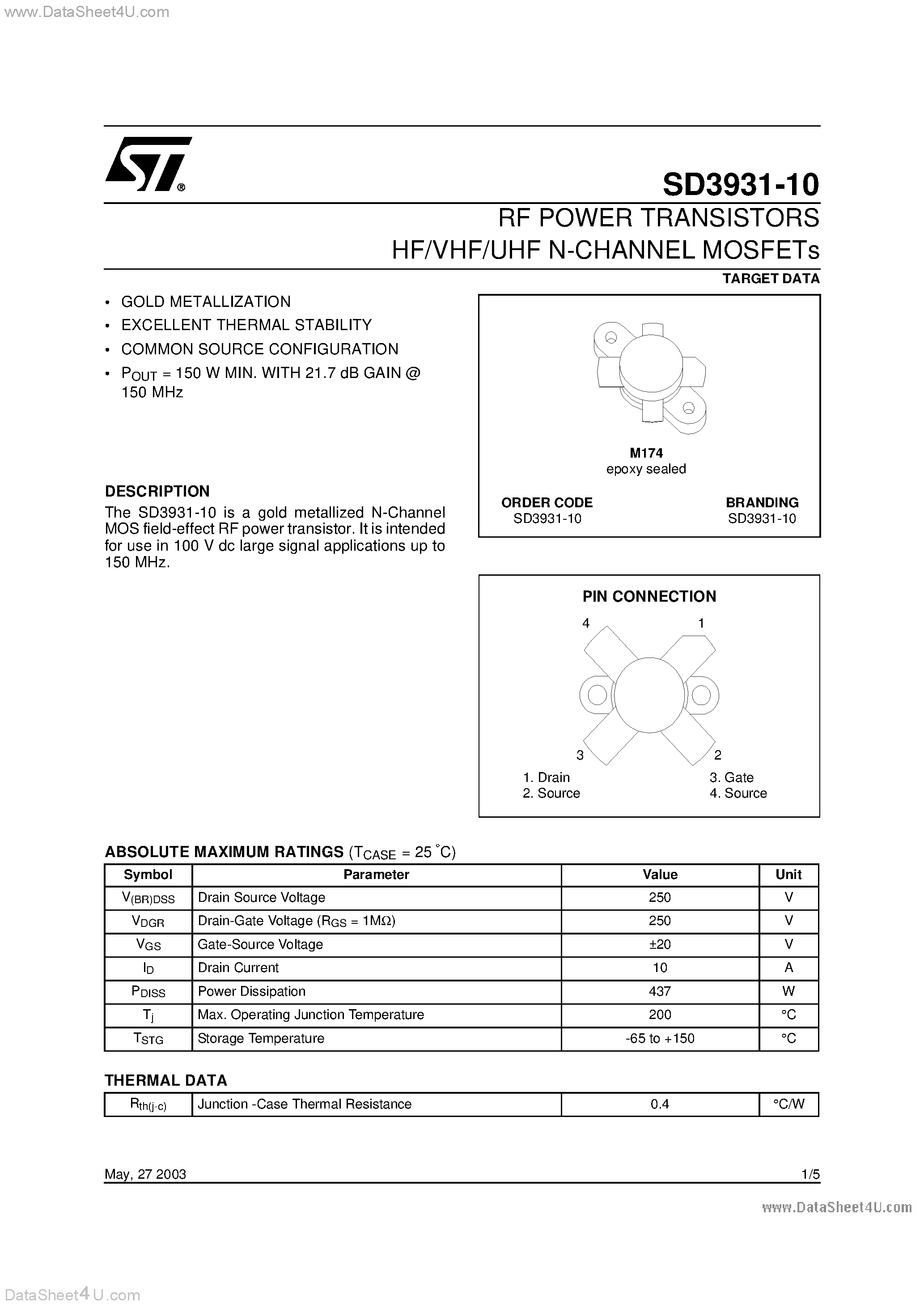 Datasheet SD3931-10 page 1 Datasheet SD3931-10 - RF POWER TRANSISTORS HF/VHF/UHF N-CHANNEL MOSFETs page 1