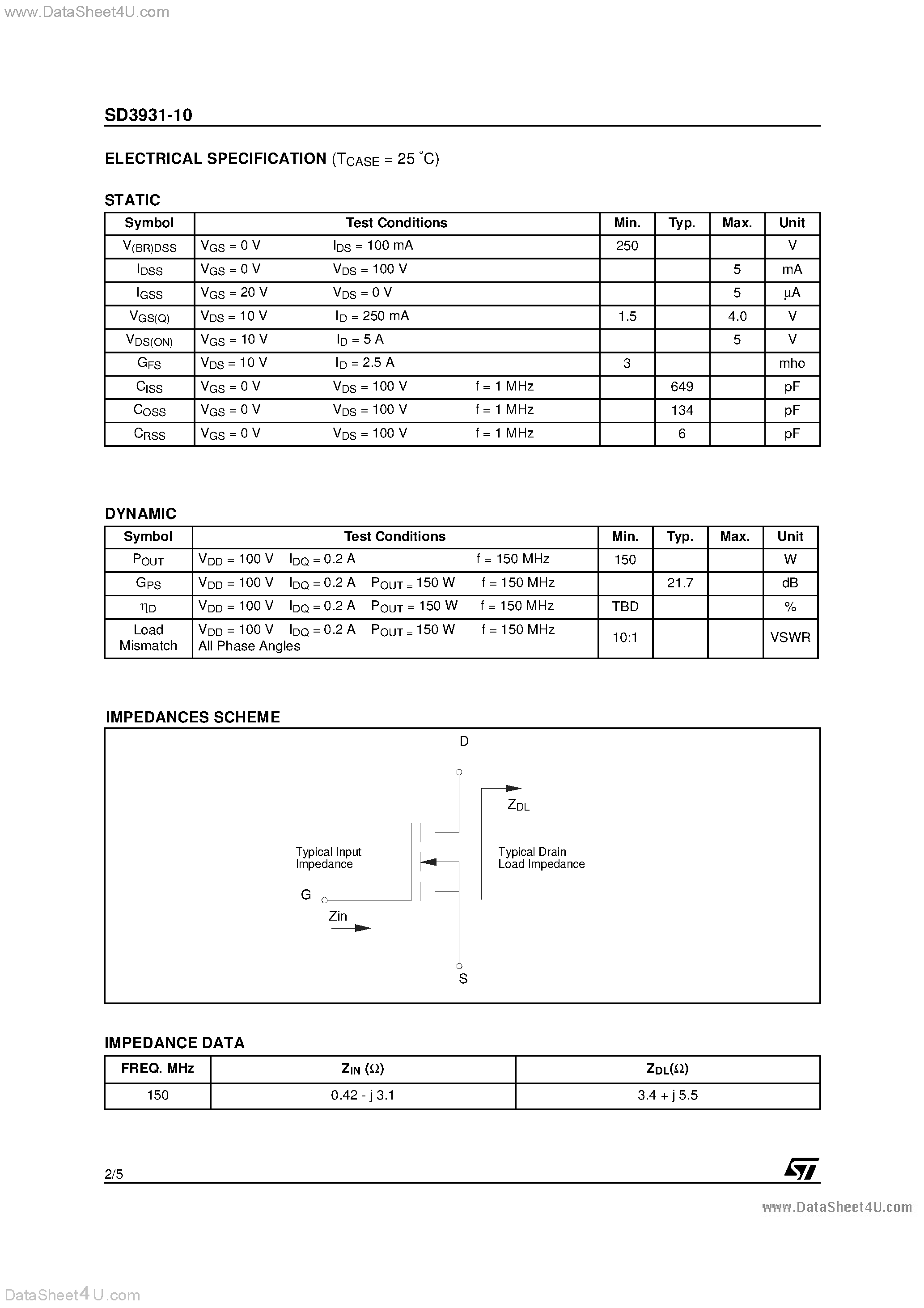 Datasheet SD3931-10 page 2 Datasheet SD3931-10 - RF POWER TRANSISTORS HF/VHF/UHF N-CHANNEL MOSFETs page 2