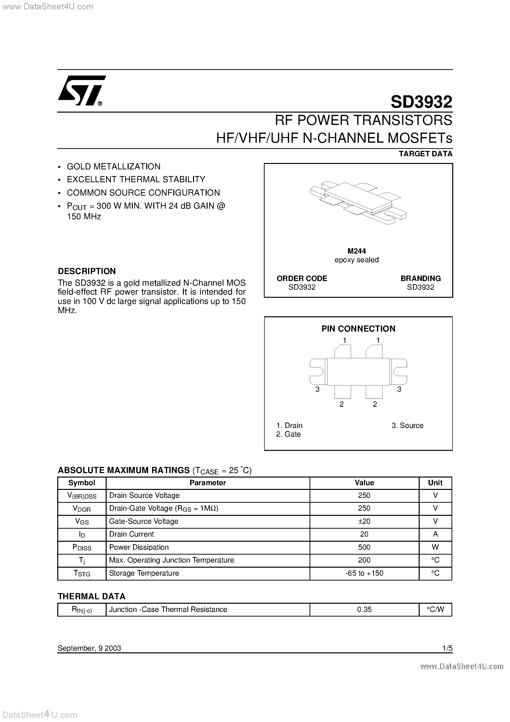 Datasheet SD3932 - RF POWER TRANSISTORS HF/VHF/UHF N-CHANNEL MOSFETs page 1