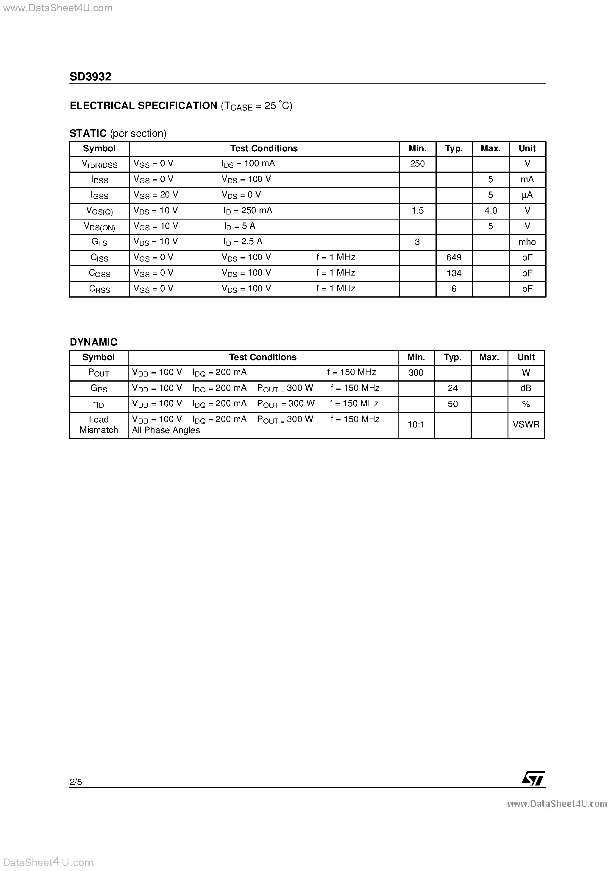 Datasheet SD3932 - RF POWER TRANSISTORS HF/VHF/UHF N-CHANNEL MOSFETs page 2