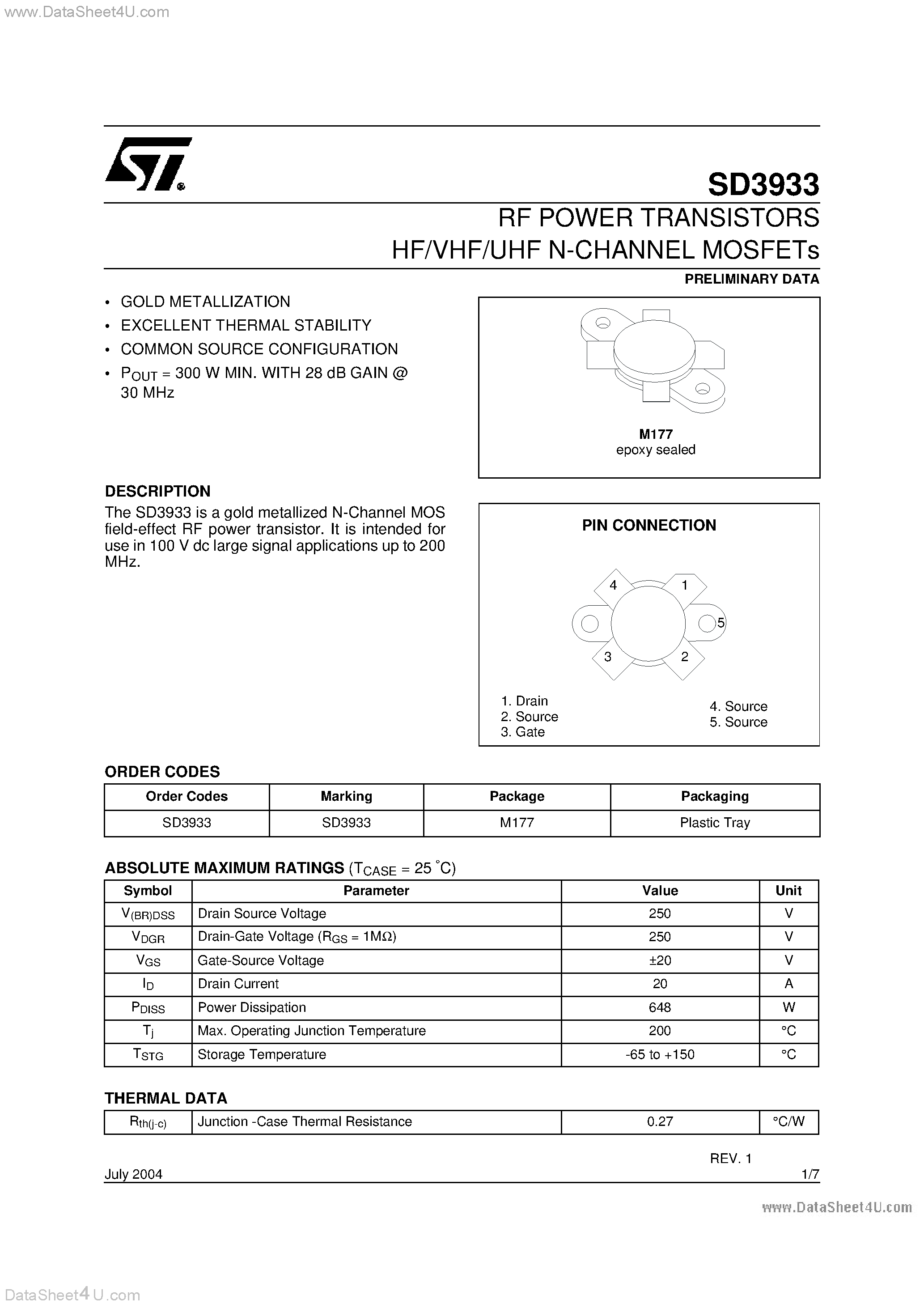 Datasheet SD3933 - RF POWER TRANSISTORS HF/VHF/UHF N-CHANNEL MOSFETS page 1