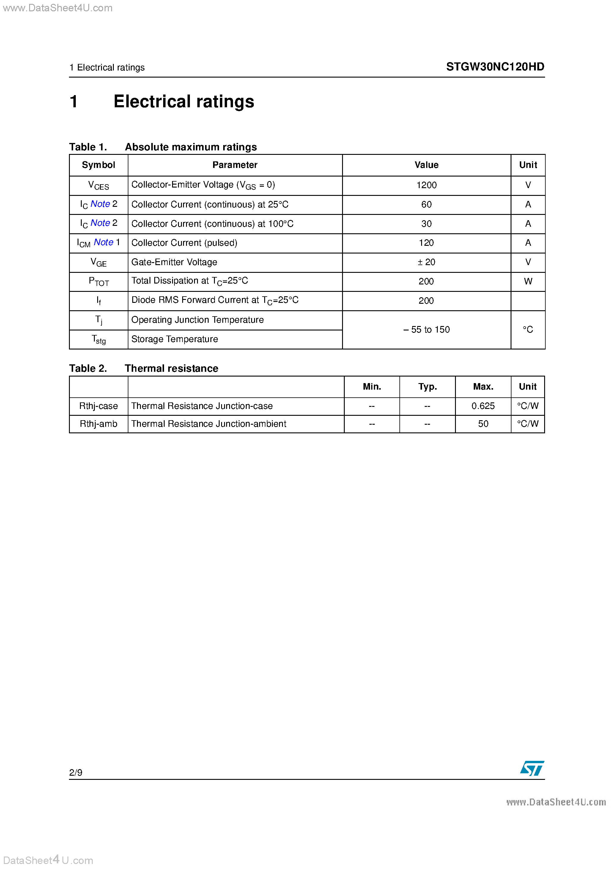 Datasheet STGW30NC120HD page 2 Datasheet STGW30NC120HD - N-CHANNEL 30A - 1200V - TO-247 VERY FAST PowerMESH-TM IGBT page 2