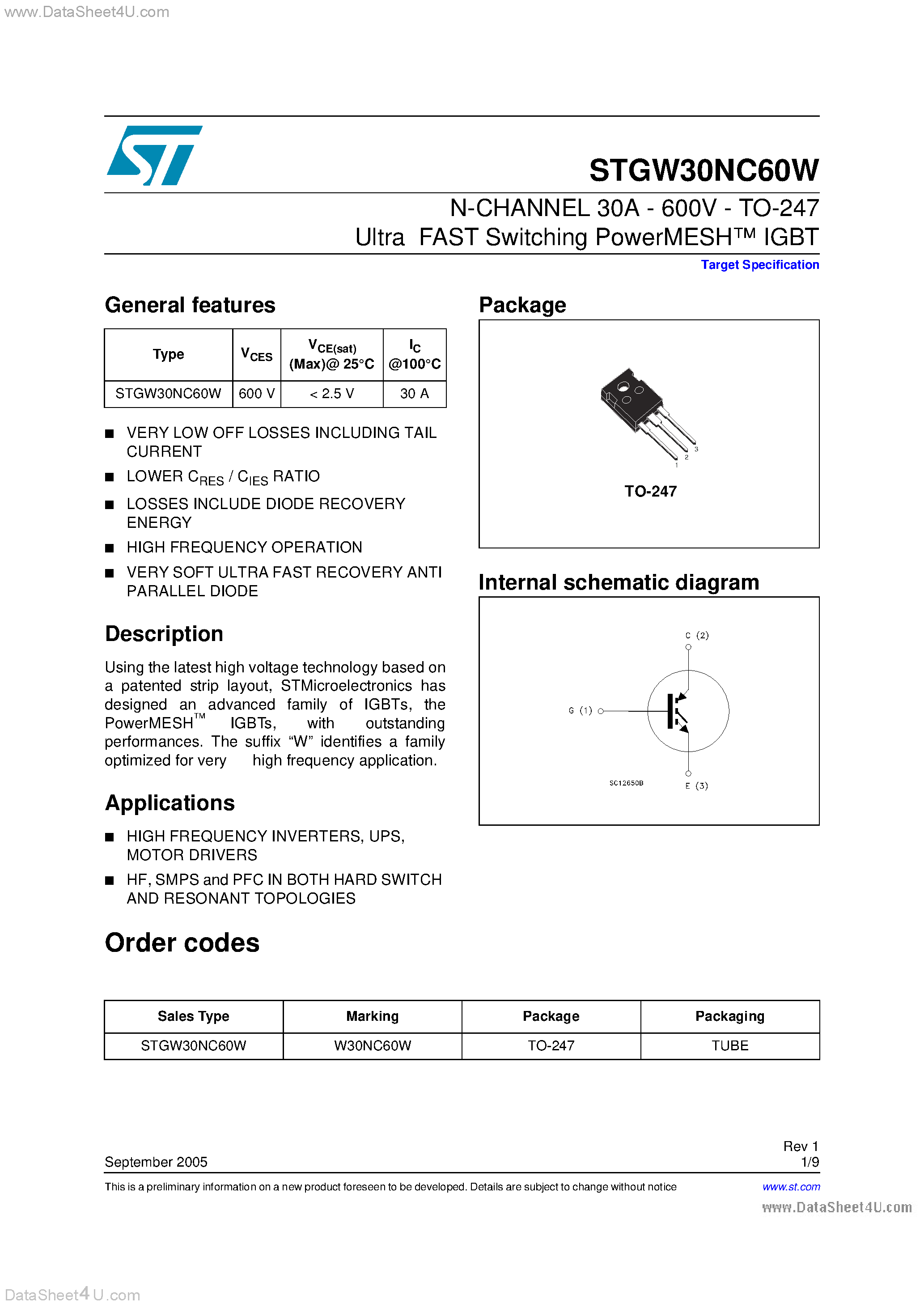 Datasheet STGW30NC60W - N-CHANNEL 30A - 600V - TO-247 Ultra FAST Switching PowerMESH IGBT page 1
