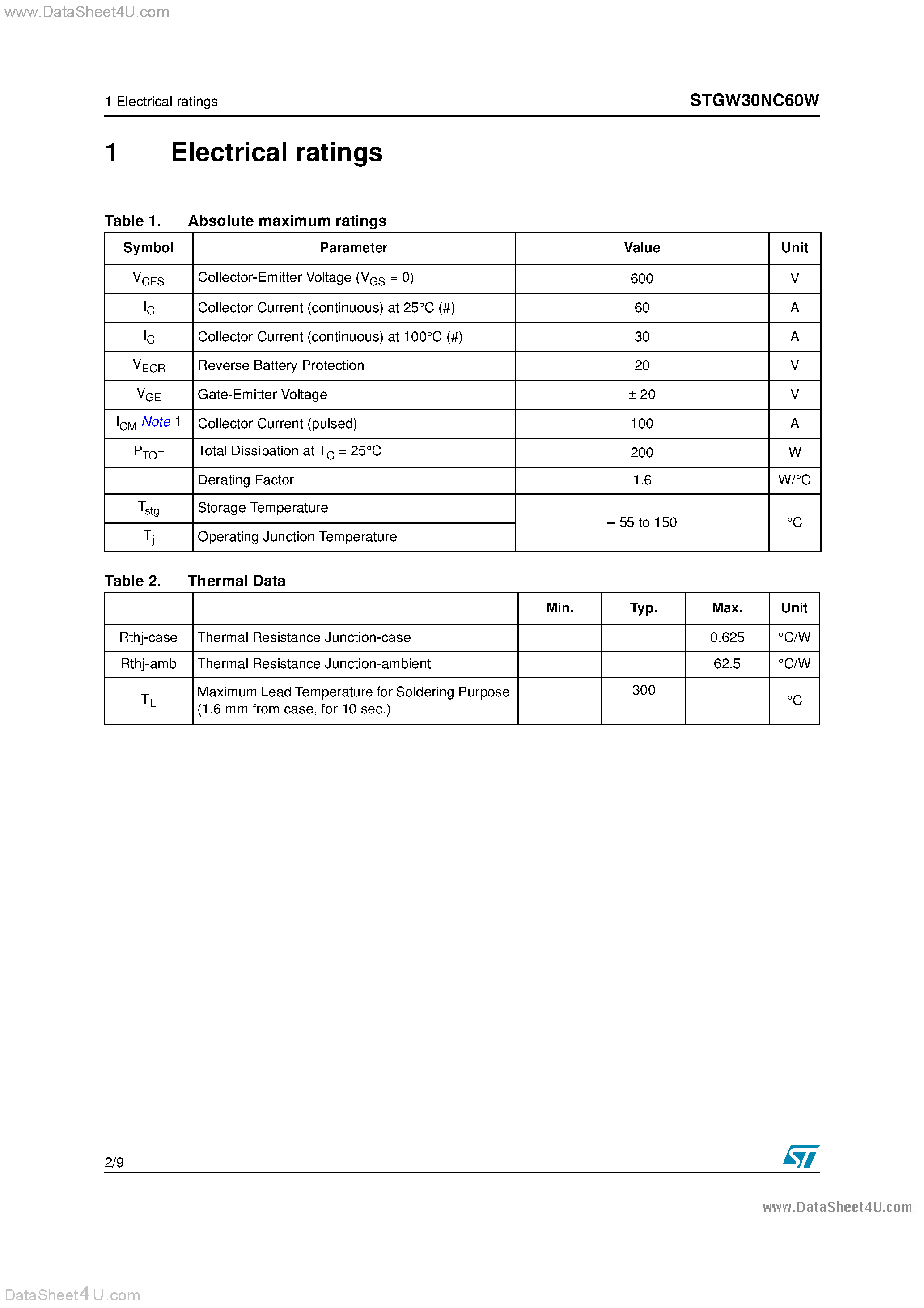 Datasheet STGW30NC60W - N-CHANNEL 30A - 600V - TO-247 Ultra FAST Switching PowerMESH IGBT page 2
