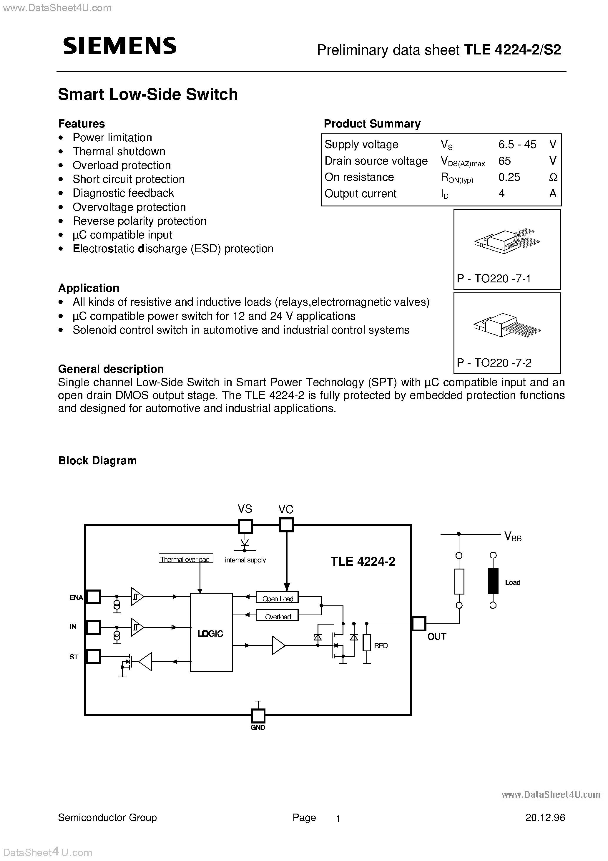Datasheet TLE4224-2 - Smart Low-Side Switch page 1