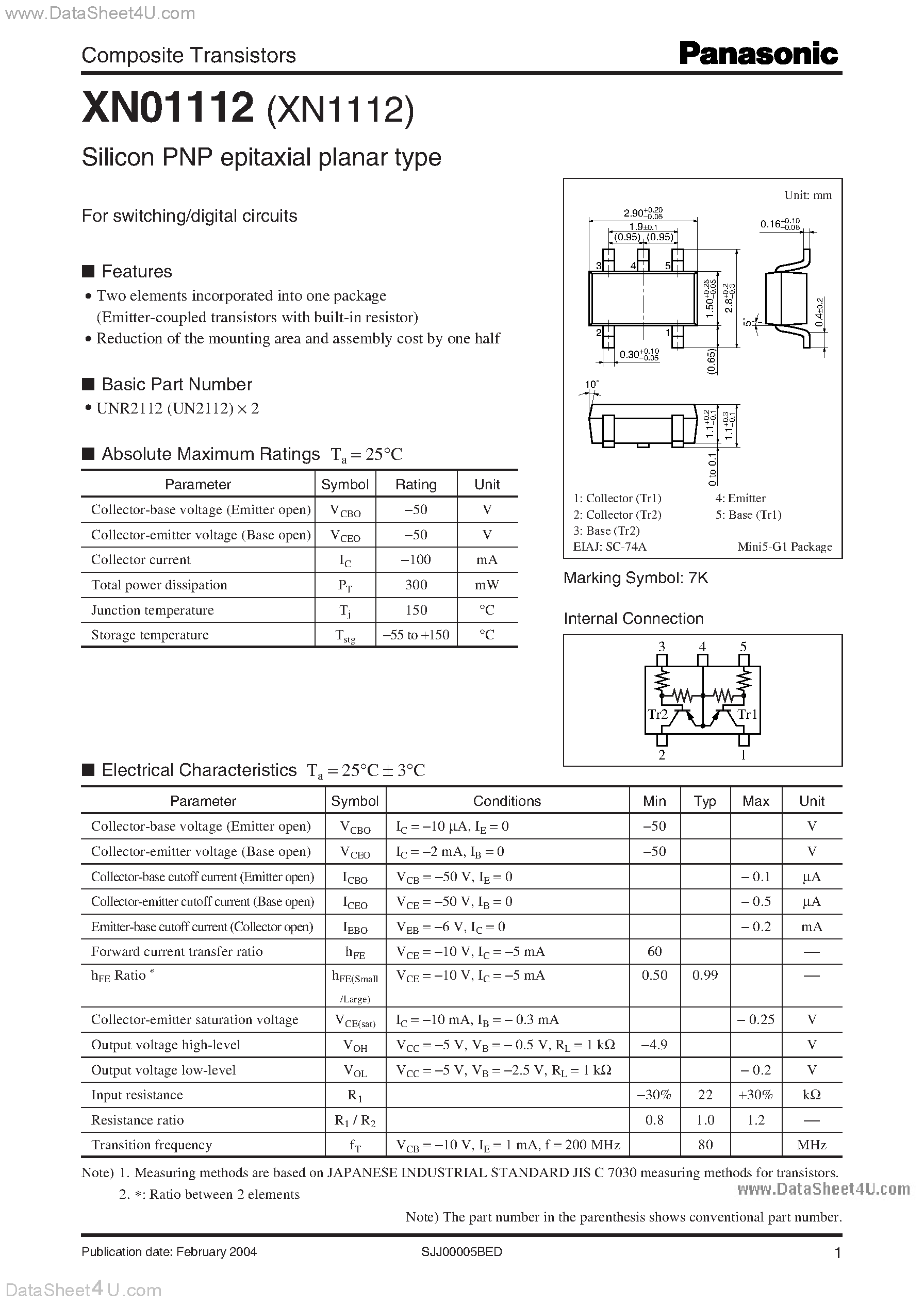 Datasheet XN01112 - Silicon PNP epitaxial planar type For switching/digital circuits page 1