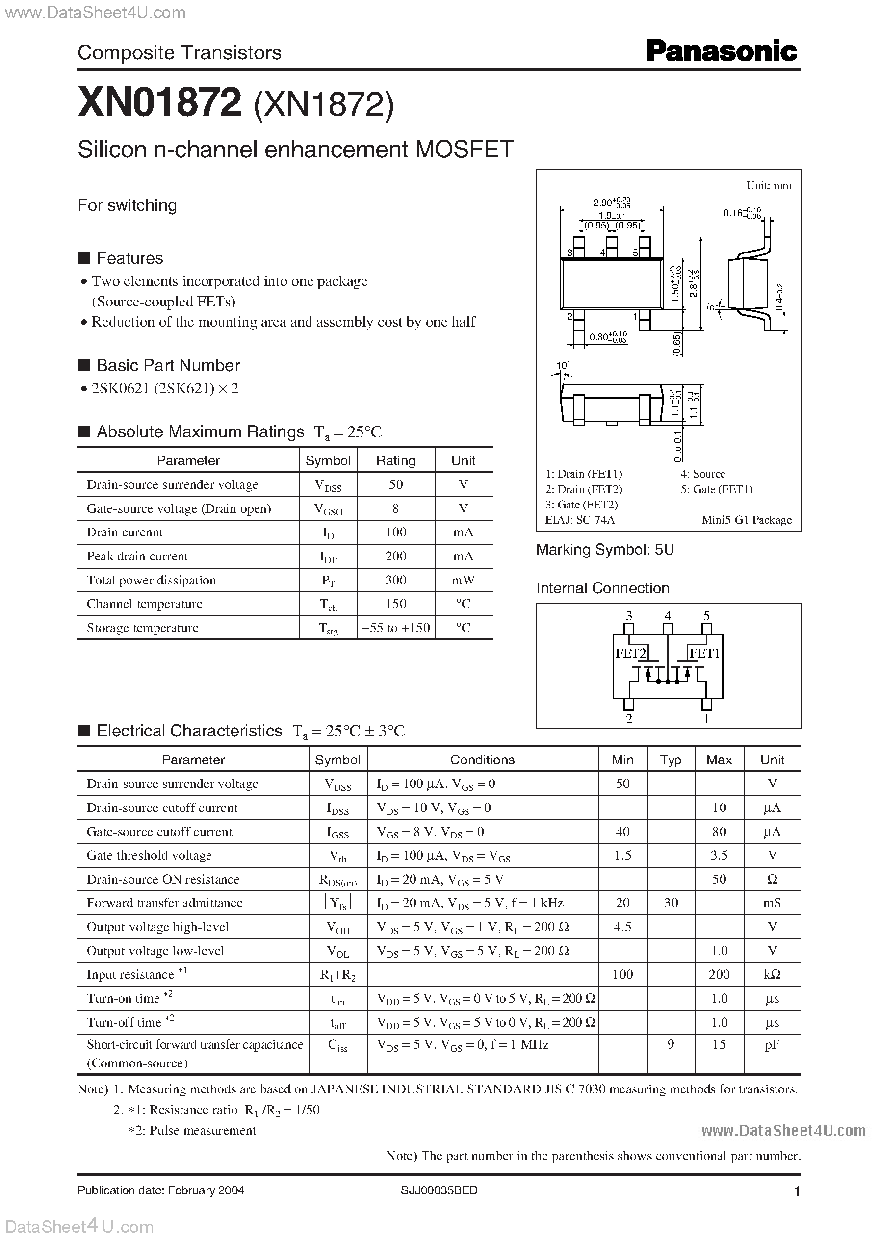 Datasheet XN01872 - Silicon n-channel enhancement MOSFET page 1