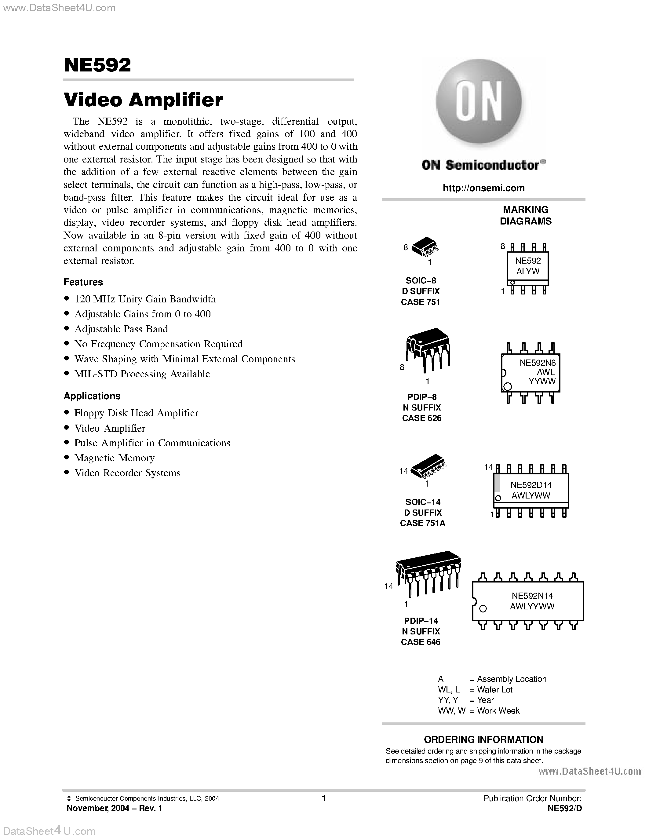 Даташит на микросхему NE592 страница 1 Даташит NE592 - Video Amplifier страница 1