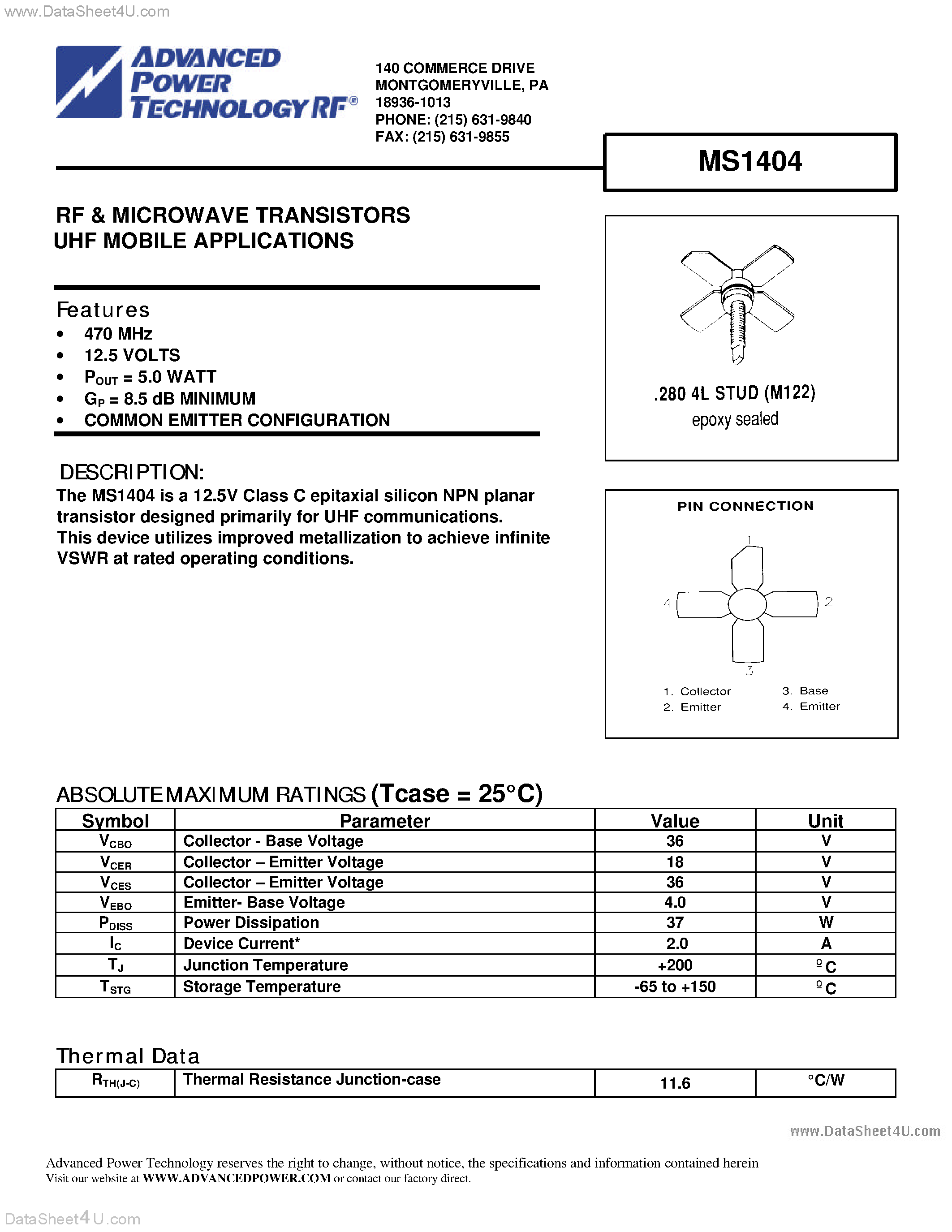 Datasheet MS1404 - RF & MICROWAVE TRANSISTORS UHF MOBILE APPLICATIONS page 1