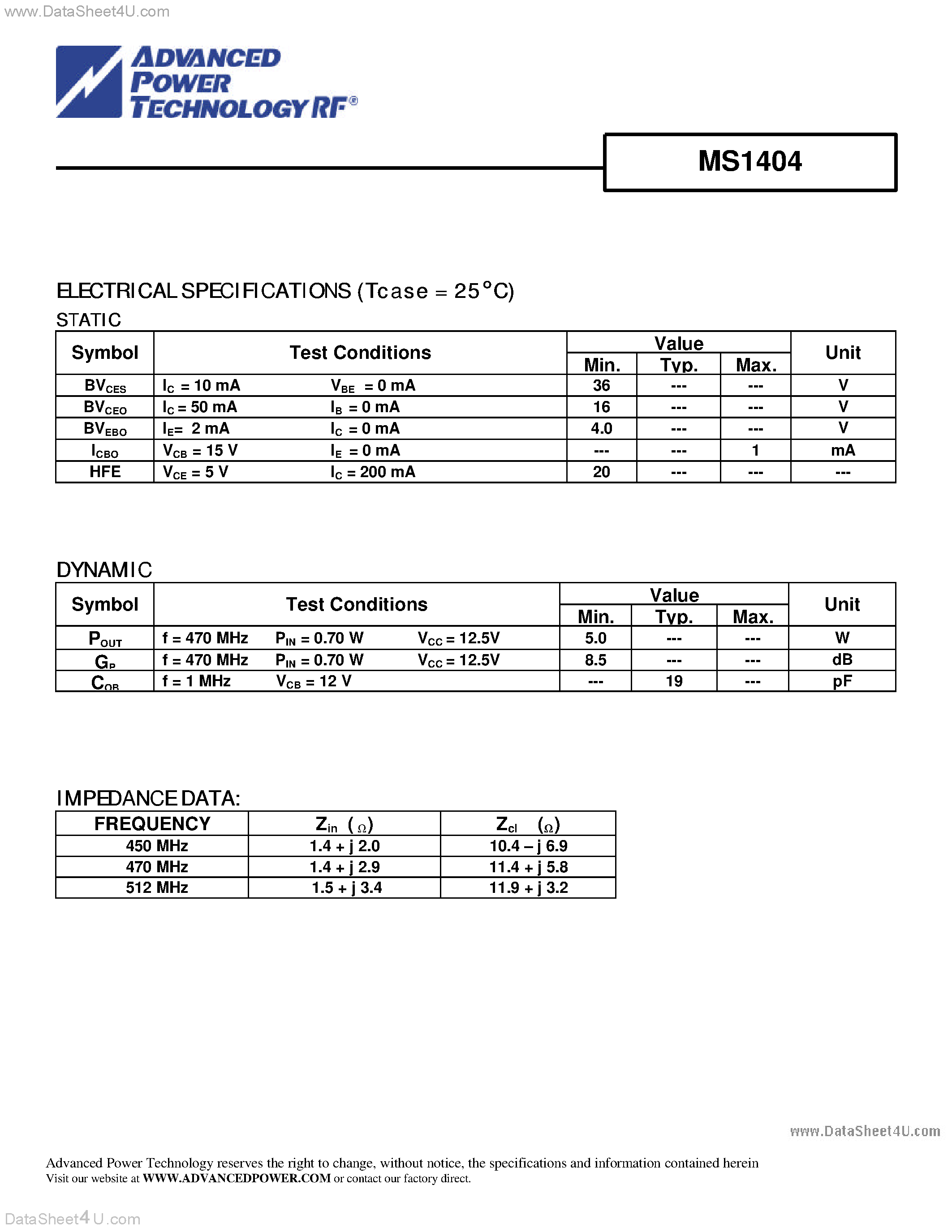 Datasheet MS1404 - RF & MICROWAVE TRANSISTORS UHF MOBILE APPLICATIONS page 2