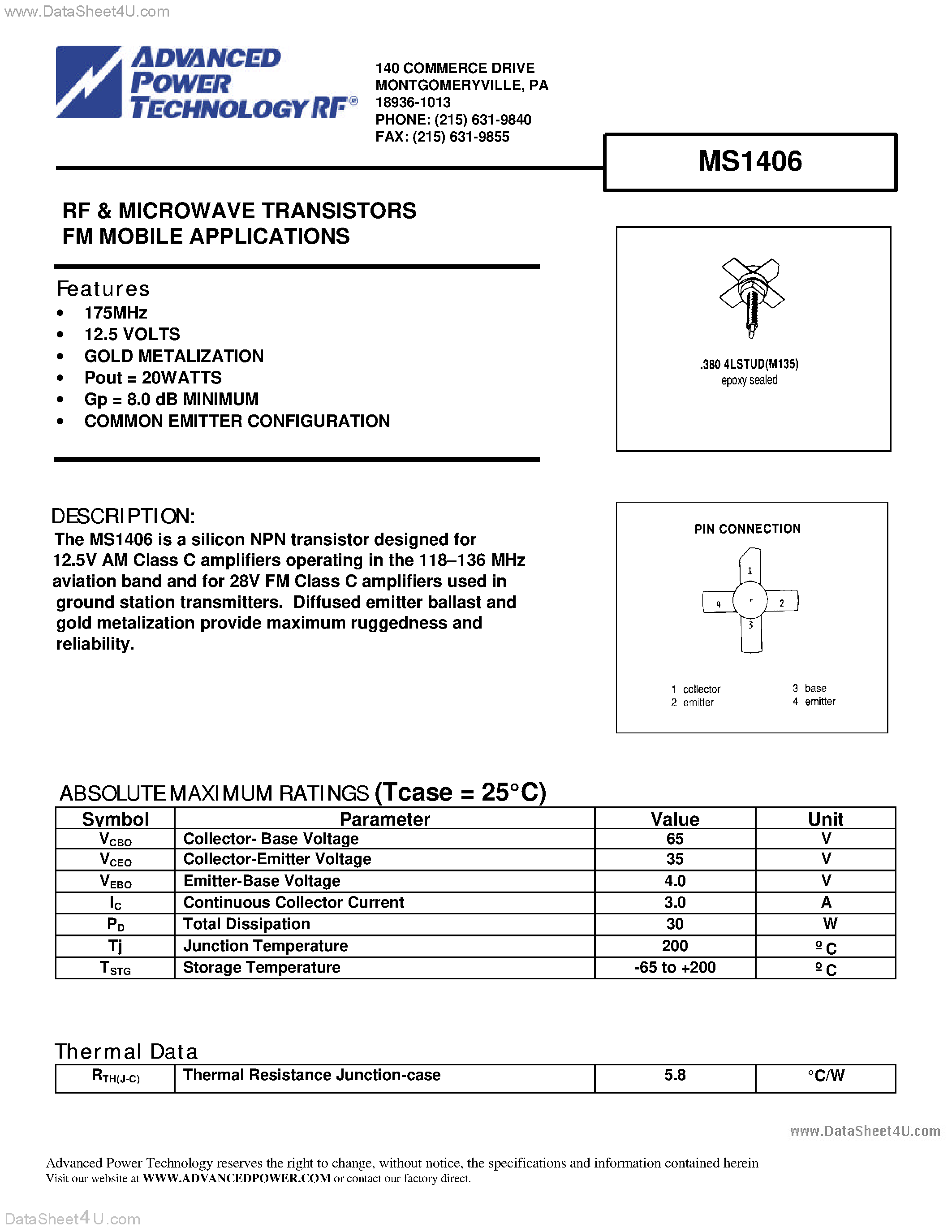 Datasheet MS1406 - RF & MICROWAVE TRANSISTORS FM MOBILE APPLICATIONS page 1
