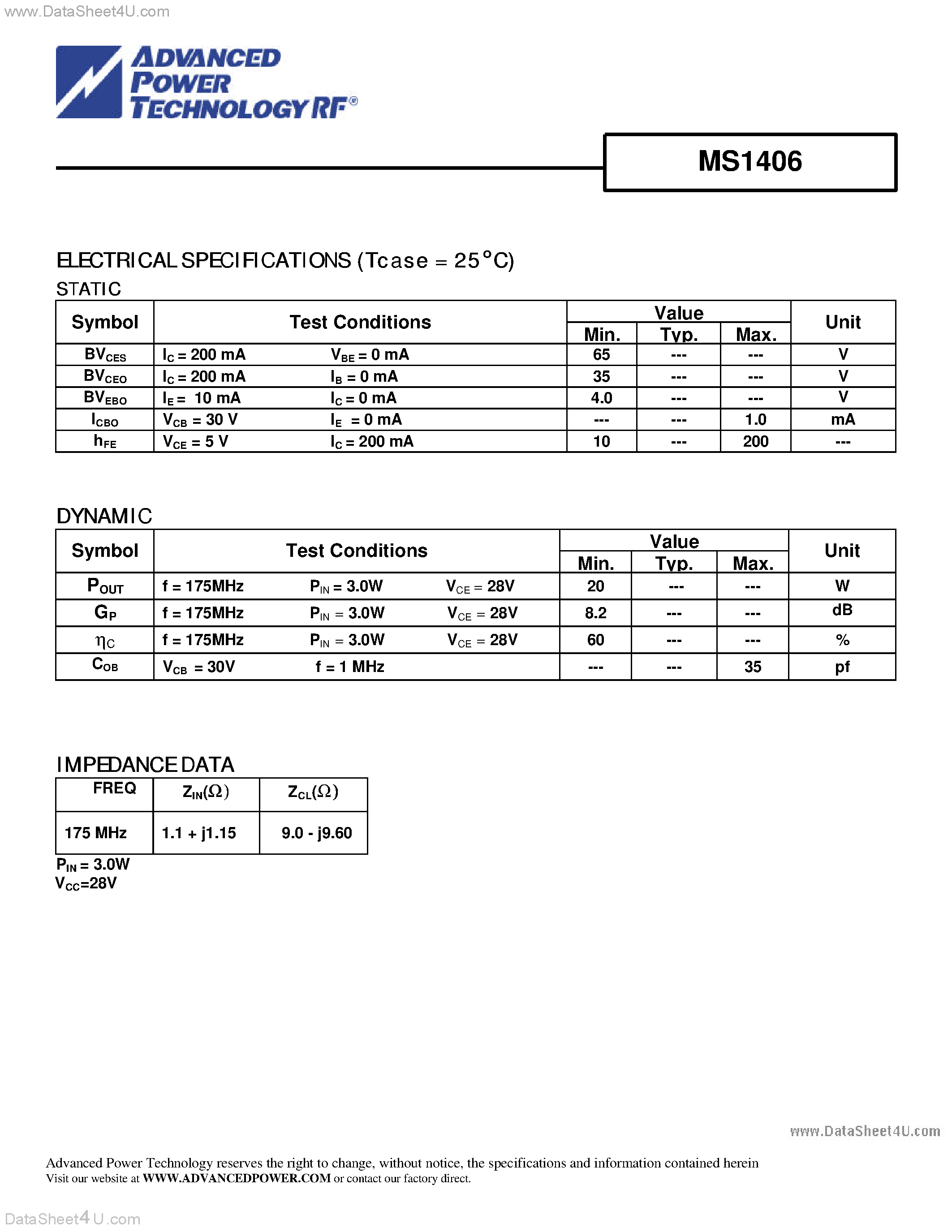 Datasheet MS1406 - RF & MICROWAVE TRANSISTORS FM MOBILE APPLICATIONS page 2