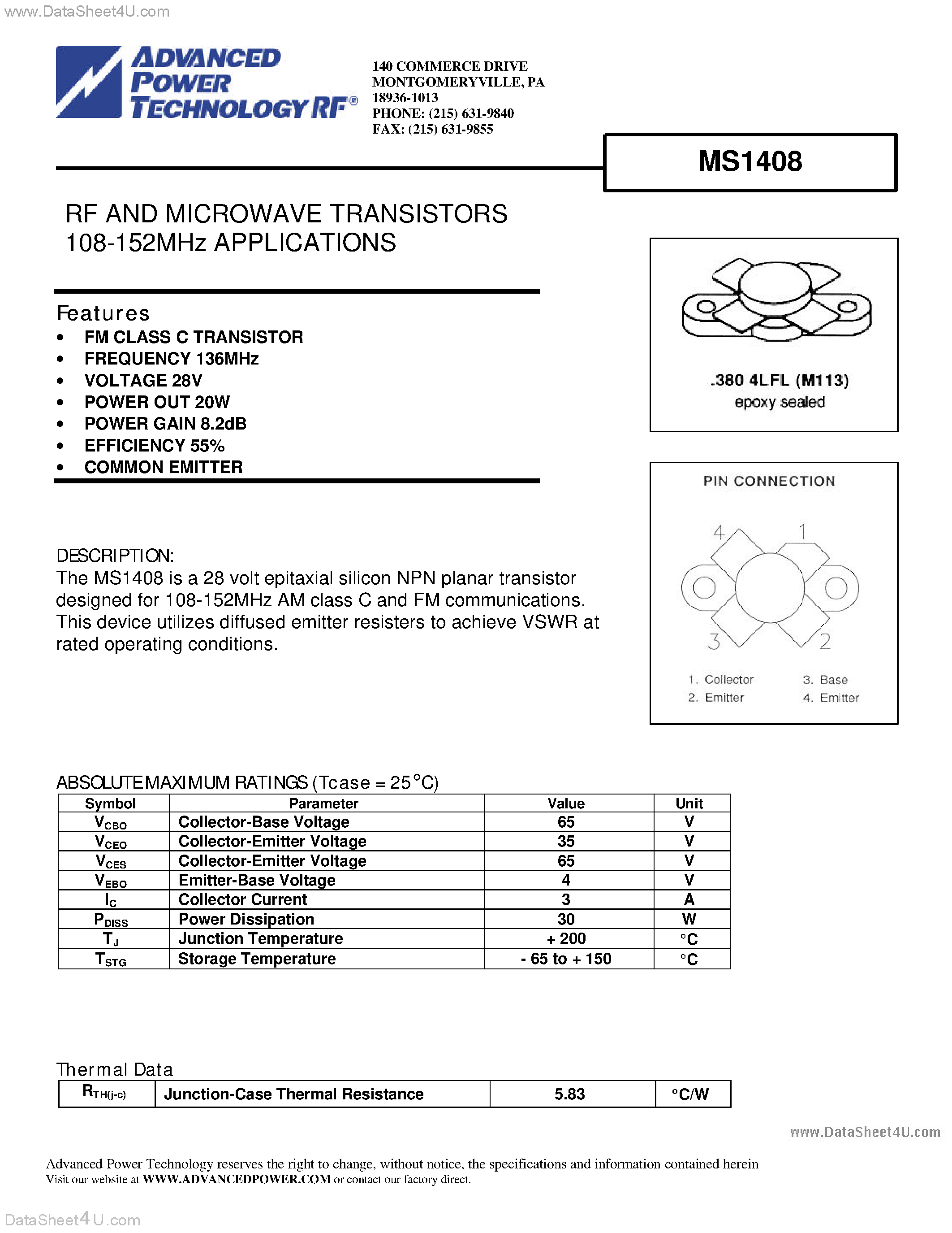 Datasheet MS1408 - RF AND MICROWAVE TRANSISTORS 108-152MHz APPLICATIONS page 1