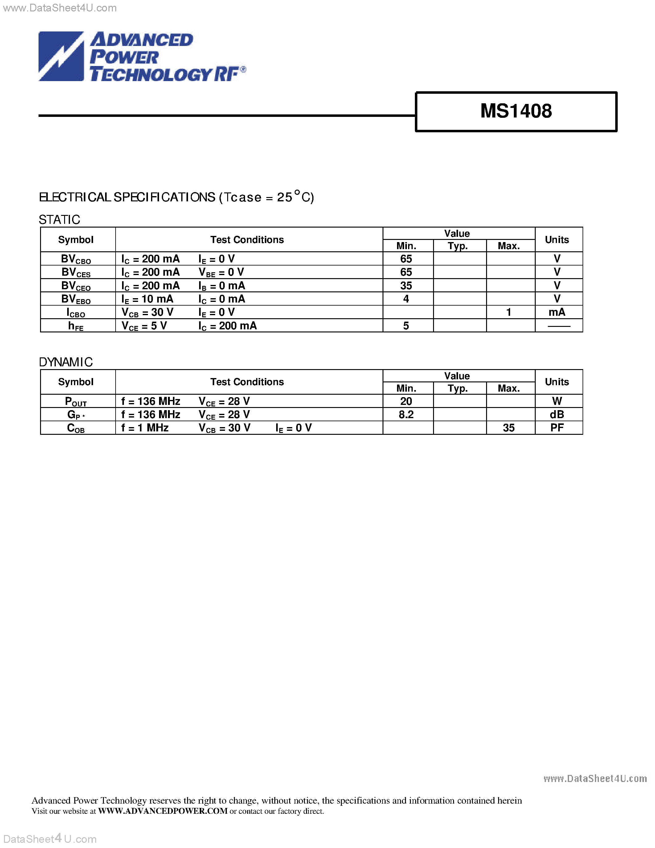 Datasheet MS1408 - RF AND MICROWAVE TRANSISTORS 108-152MHz APPLICATIONS page 2